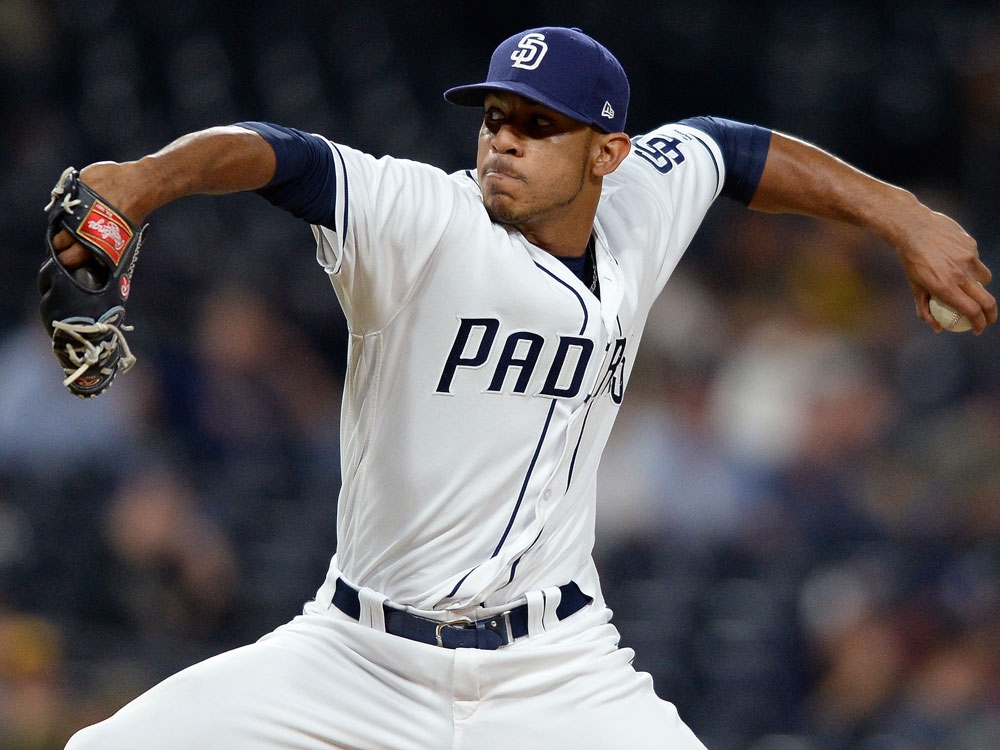 In this Sept. 19, 2017, file photo, San Diego Padres relief pitcher Jose Torres winds up during the ninth inning of a baseball game against the Arizona Diamondbacks in San Diego In this Sept. 19, 2017, file photo, San Diego Padres relief pitcher Jose Torres winds up during the ninth inning of a baseball game against the Arizona Diamondbacks in San Diego