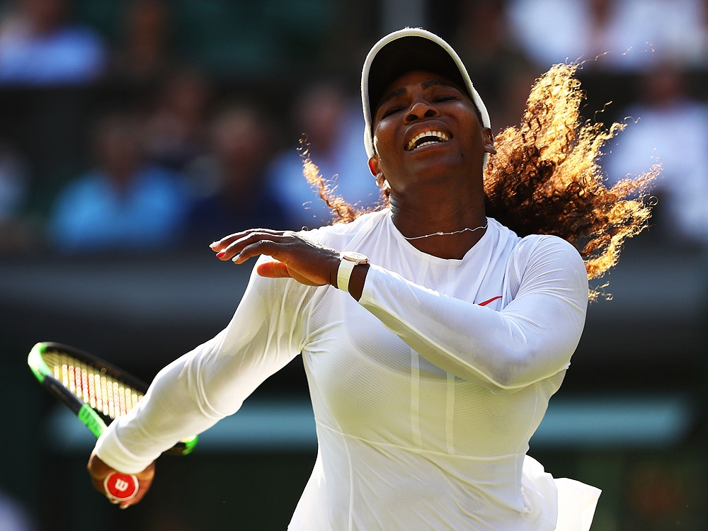 Serena Williams reacts against Kristina Mladenovic during Wimbledon at the All England Lawn Tennis and Croquet Club on July 6, 2018 in London. (Matthew Stockman/Getty Images) Serena Williams reacts against Kristina Mladenovic during Wimbledon at the All England Lawn Tennis and Croquet Club on July 6, 2018 in London. (Matthew Stockman/Getty Images)