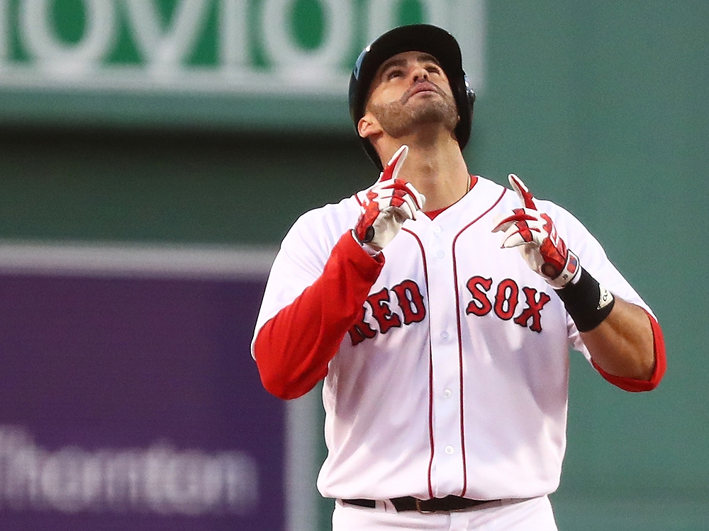 J.D. Martinez #28 of the Boston Red Sox reacts after hitting a double in the first inning of a game against the Cleveland Indians at Fenway Park on August 20, 2018 in Boston, Massachusetts. (Photo by Adam Glanzman/Getty Images) J.D. Martinez #28 of the Boston Red Sox reacts after hitting a double in the first inning of a game against the Cleveland Indians at Fenway Park on August 20, 2018 in Boston, Massachusetts. (Photo by Adam Glanzman/Getty Images)