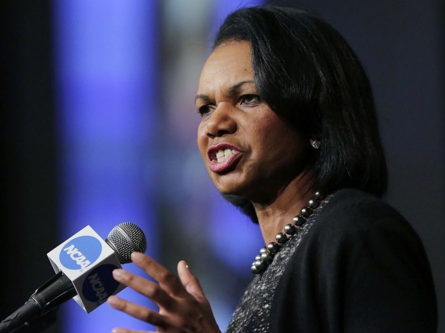 In this Jan. 14, 2016, file photo, former Secretary of State Condoleeza Rice speaks during a luncheon at the NCAA Convention in San Antonio. In this Jan. 14, 2016, file photo, former Secretary of State Condoleeza Rice speaks during a luncheon at the NCAA Convention in San Antonio.