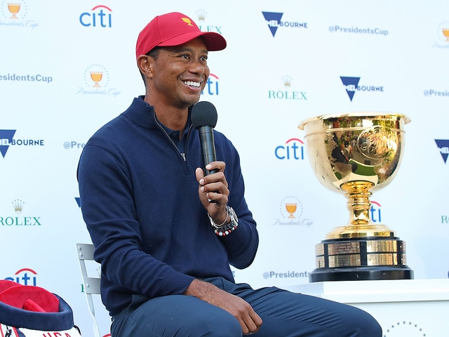 Tiger Woods speaks next to the Presidents Cup during a media opportunity at the Yarra Promenade on December 5, 2018 in Melbourne, Australia. (Scott Barbour/Getty Images) Tiger Woods speaks next to the Presidents Cup during a media opportunity at the Yarra Promenade on December 5, 2018 in Melbourne, Australia. (Scott Barbour/Getty Images)