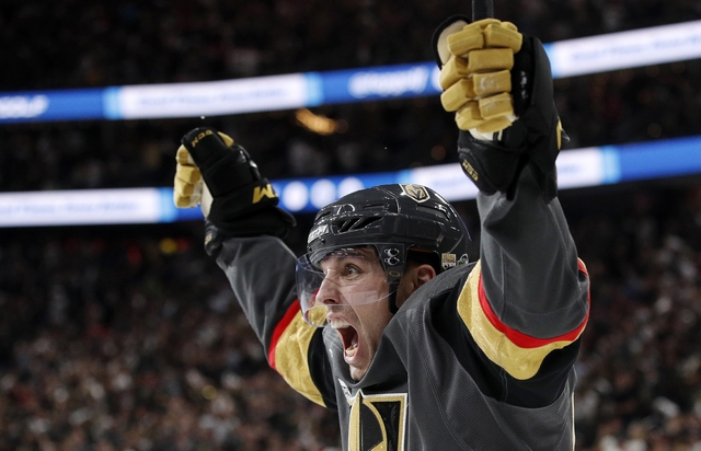 Vegas Golden Knights left wing David Perron celebrates his goal in Game 5 of the Stanley Cup Final against the Washington Capitals on Thursday, June 7, 2018, in Las Vegas. (AP Photo/John Locher) Vegas Golden Knights left wing David Perron celebrates his goal in Game 5 of the Stanley Cup Final against the Washington Capitals on Thursday, June 7, 2018, in Las Vegas. (AP Photo/John Locher)