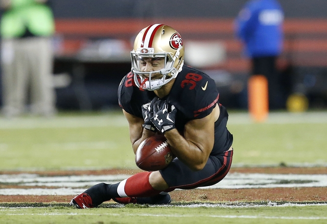 San Francisco 49ers’ Jarryd Hayne (38) fumbles a punt that was recovered by the Minnesota Vikings in Santa Clara, Calif., Monday, Sept. 14, 2015. (AP Photo/Tony Avelar) San Francisco 49ers’ Jarryd Hayne (38) fumbles a punt that was recovered by the Minnesota Vikings in Santa Clara, Calif., Monday, Sept. 14, 2015. (AP Photo/Tony Avelar)