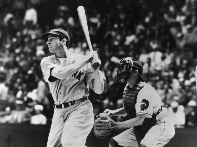 Baseball legend Joe DiMaggio, the New York Yankee Clipper whose 56-game hitting streak endures as one of the most remarkable sports records of all times, crossing all sports without equal. 