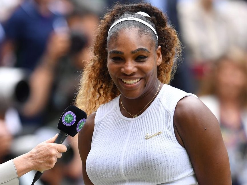 US player Serena Williams is interviewed during the presentation after losing against Romania's Simona Halep during their women's singles final on day twelve of the 2019 Wimbledon Championships at The All England Lawn Tennis Club in Wimbledon, southwest London, on July 13, 2019. US player Serena Williams is interviewed during the presentation after losing against Romania's Simona Halep during their women's singles final on day twelve of the 2019 Wimbledon Championships at The All England Lawn Tennis Club in Wimbledon, southwest London, on July 13, 2019.