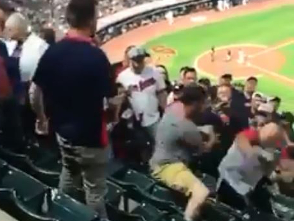 In a viral video, several fans brawl in the stands during a Cleveland Indians game this past Saturday. (Twitter) In a viral video, several fans brawl in the stands during a Cleveland Indians game this past Saturday. (Twitter)