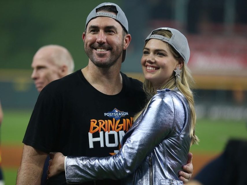 Justin Verlander of the Houston Astros and Kate Upton celebrate the 6-1 win over the Tampa Bay Rayst in game five of the American League Division Series at Minute Maid Park on October 10, 2019 in Houston, Texas. Justin Verlander of the Houston Astros and Kate Upton celebrate the 6-1 win over the Tampa Bay Rayst in game five of the American League Division Series at Minute Maid Park on October 10, 2019 in Houston, Texas.