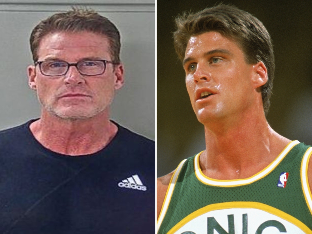 Jim Farmer is seen in his police mug shot (L) and in a 1990 file photo during a Seattle Supersonics game.