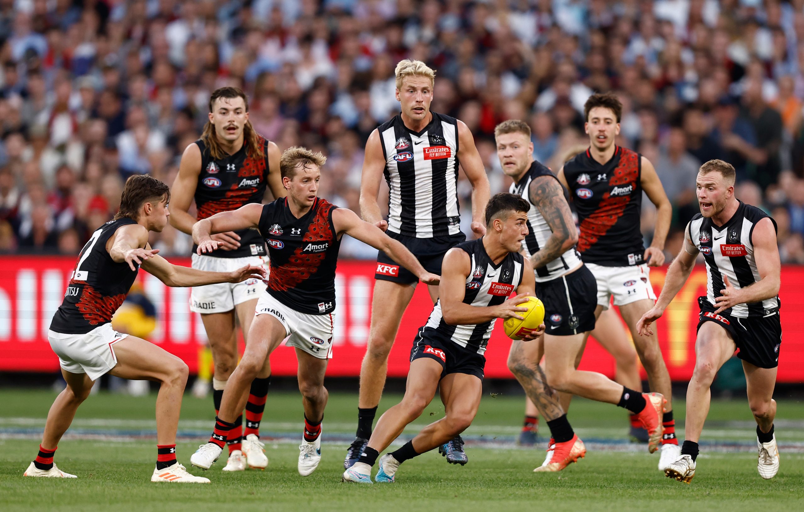 MELBOURNE, AUSTRALIA - APRIL 25: Nick Daicos of the Magpies in action during the 2023 AFL Round 06 match between the Collingwood Magpies and the Essendon Bombers at the Melbourne Cricket Ground on April 25, 2023 in Melbourne, Australia. (Photo by Michael Willson/AFL Photos)