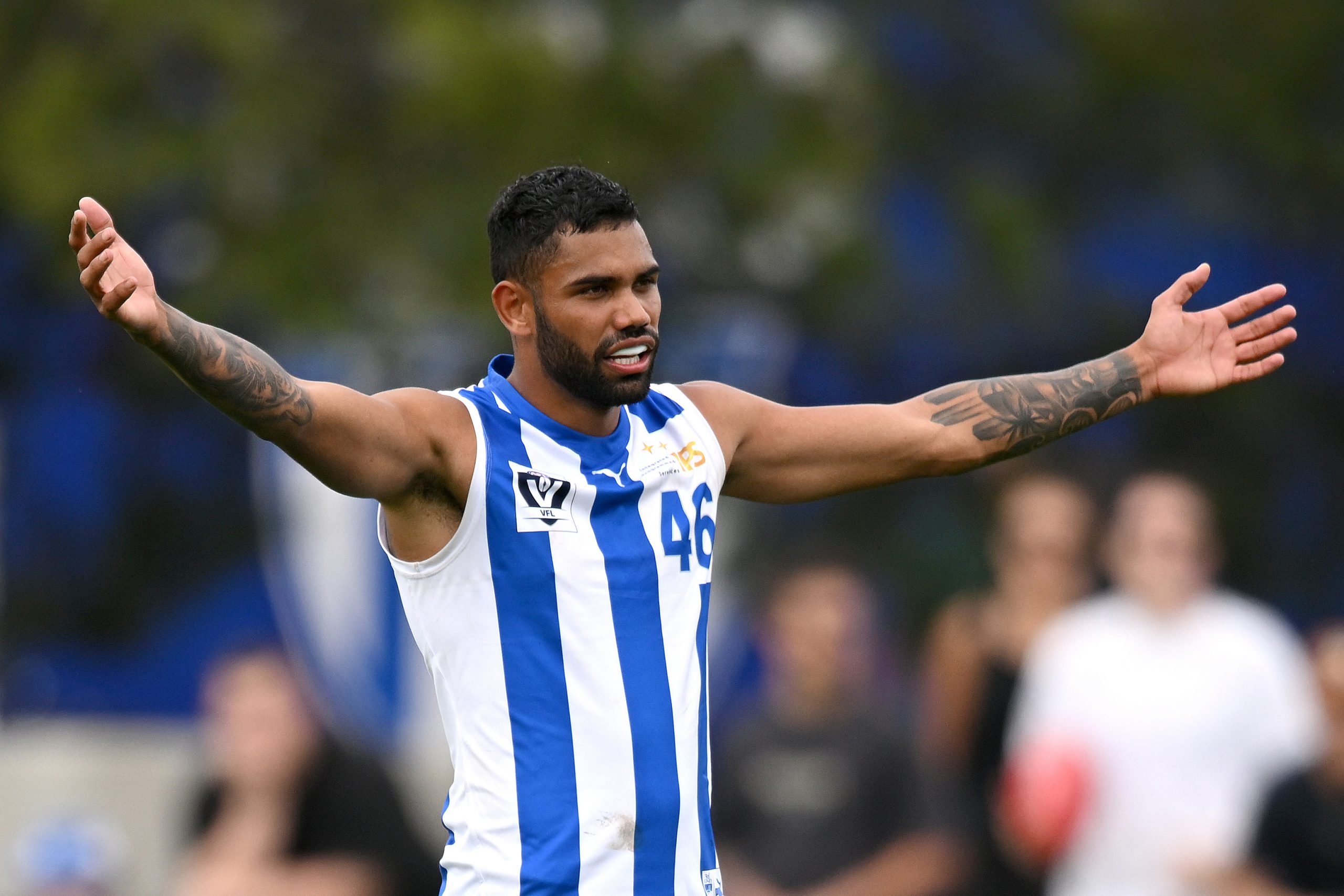 Tarryn Thomas of the Kangaroos stands on the mark during the VFL Practice Match between North Melbourne and Williamstown at Arden Street Ground on March 18, 2023 in Melbourne, Australia. (Photo by Morgan Hancock/Getty Images)