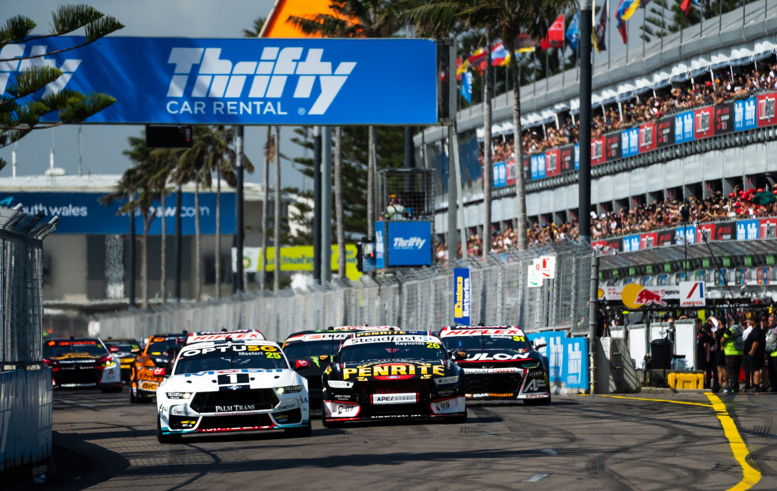 The start of race two at the Newcastle 500, led by Chaz Mostert.
