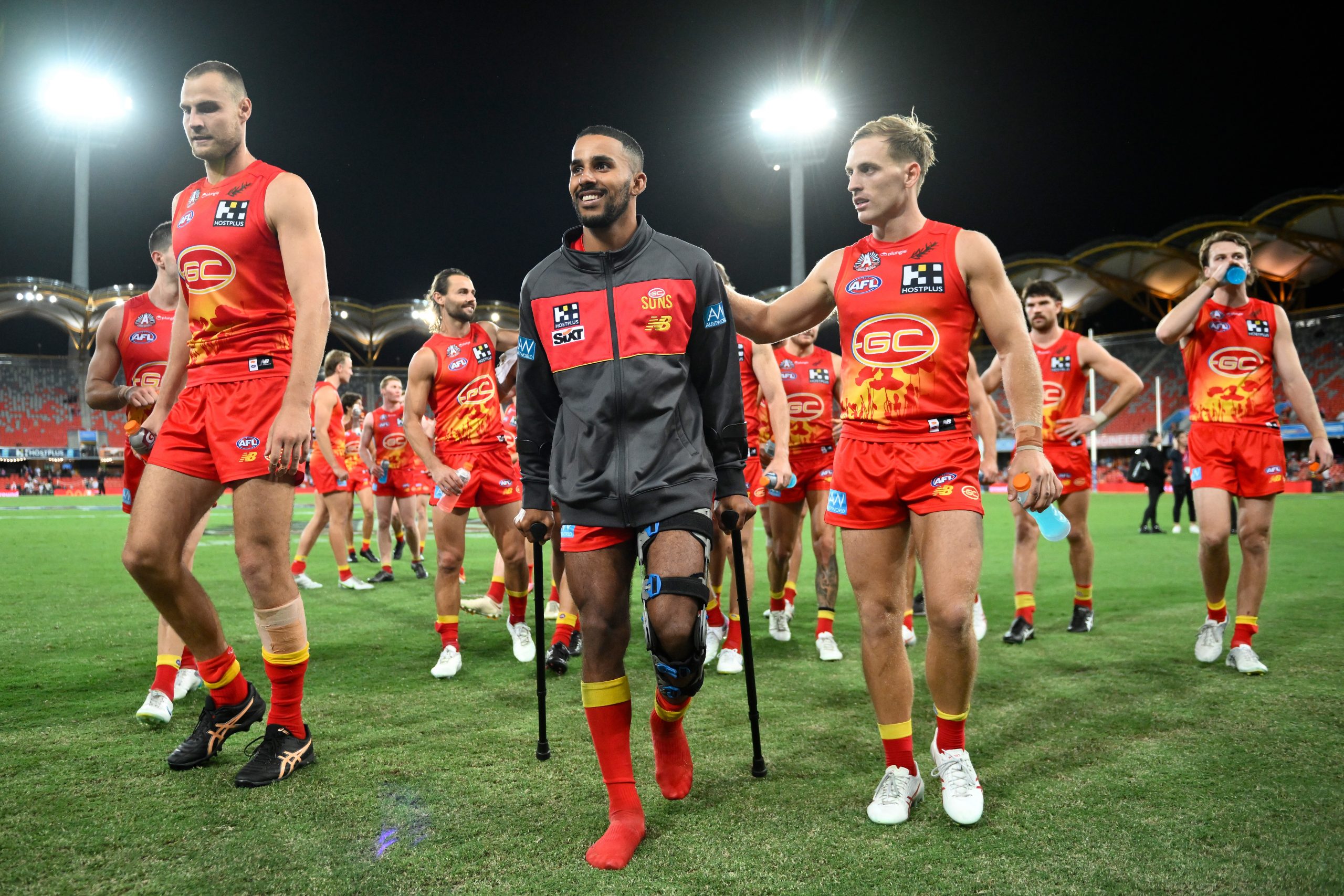GOLD COAST, AUSTRALIA - APRIL 23: Touk Miller of the Suns after the round six AFL match between Gold Coast Suns and North Melbourne Kangaroos at Heritage Bank Stadium, on April 23, 2023, in Gold Coast, Australia. (Photo by Matt Roberts/AFL Photos/via Getty Images)