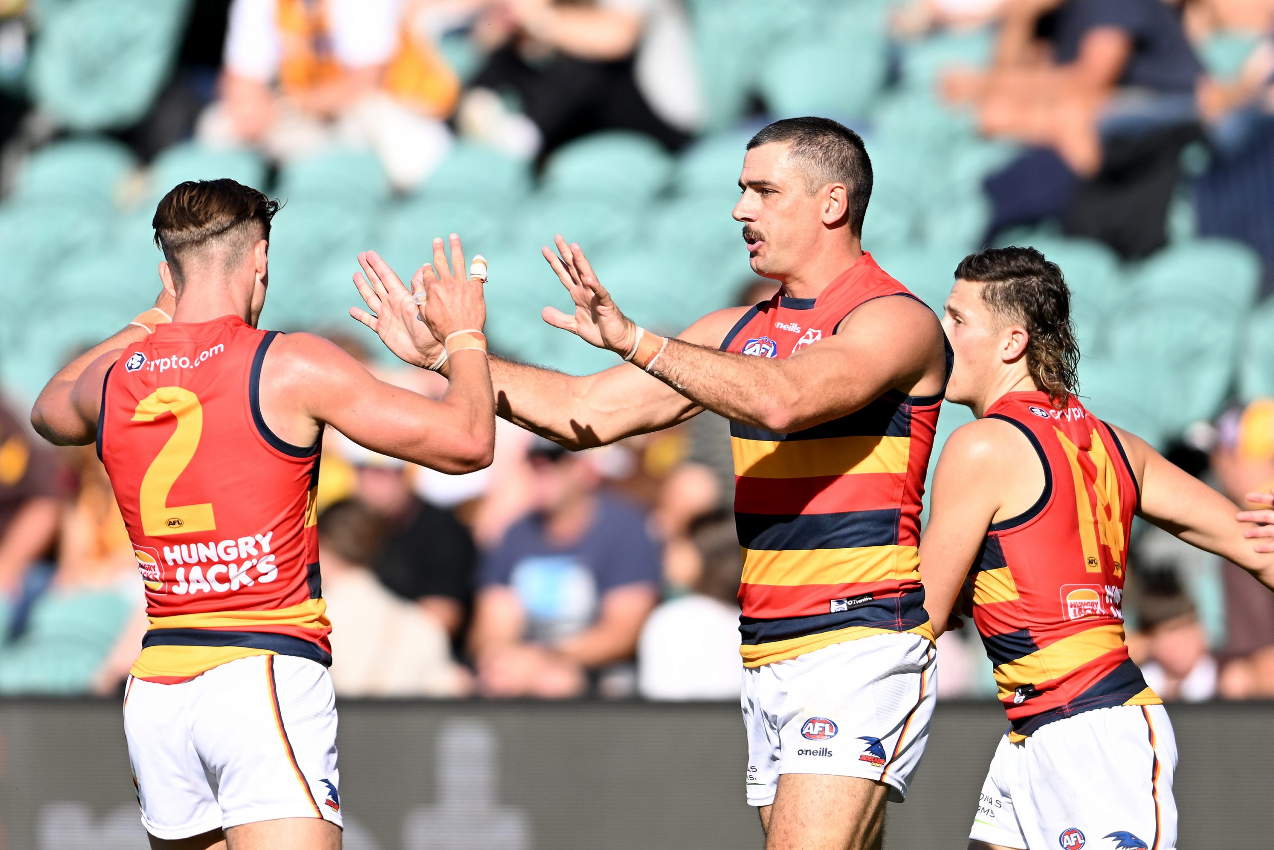 LAUNCESTON, AUSTRALIA - APRIL 23: Taylor Walker of the Crows celebrates a goal  during the round six AFL match between Hawthorn Hawks and Adelaide Crows at University of Tasmania Stadium, on April 23, 2023, in Launceston, Australia. (Photo by Steve Bell/Getty Images)