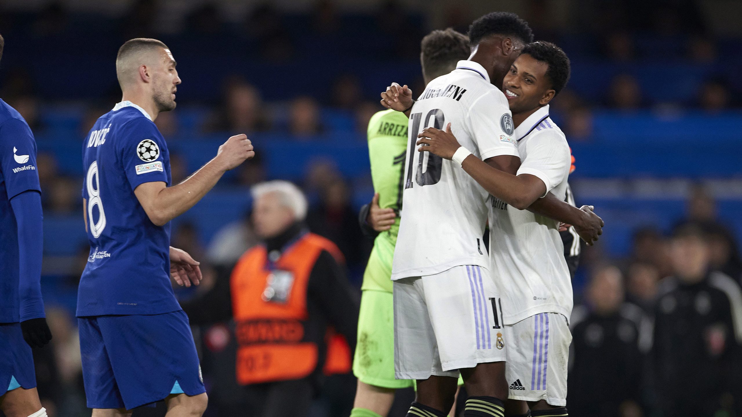 Rodrygo (R) and Aurelien Tchouameni (2nd R) of Real Madrid celebrate at the end of the UEFA Champions League quarterfinal second leg match between Chelsea FC and Real Madrid at Stamford Bridge on April 18, 2023 in London, United Kingdom.