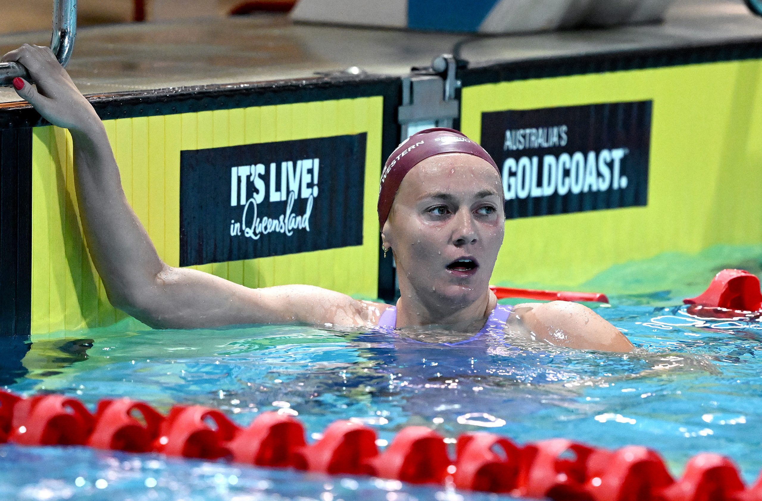 GOLD COAST, AUSTRALIA - APRIL 19: Ariarne Titmus wins the Women's Open 400 LC Metre Freestyle during night three of the 2023 Australian Swimming Championships at Gold Coast Aquatic Centre on April 19, 2023 in Gold Coast, Australia. (Photo by Bradley Kanaris/Getty Images)