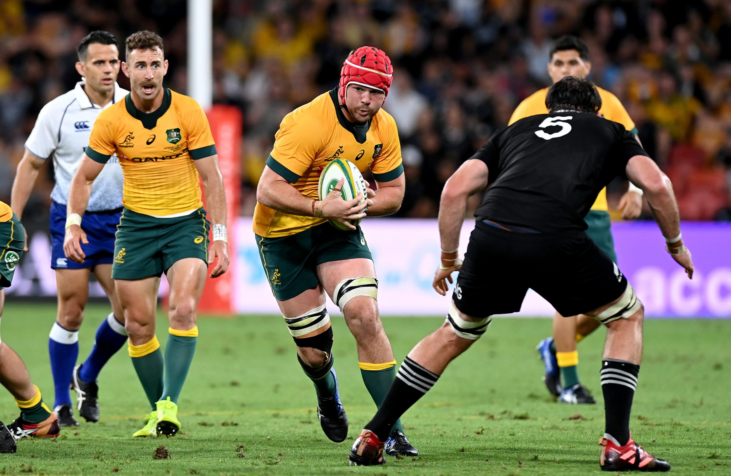 Harry Wilson of the Wallabies takes on the defence during the 2020 Tri-Nations match between the Australian Wallabies and the New Zealand All Blacks 