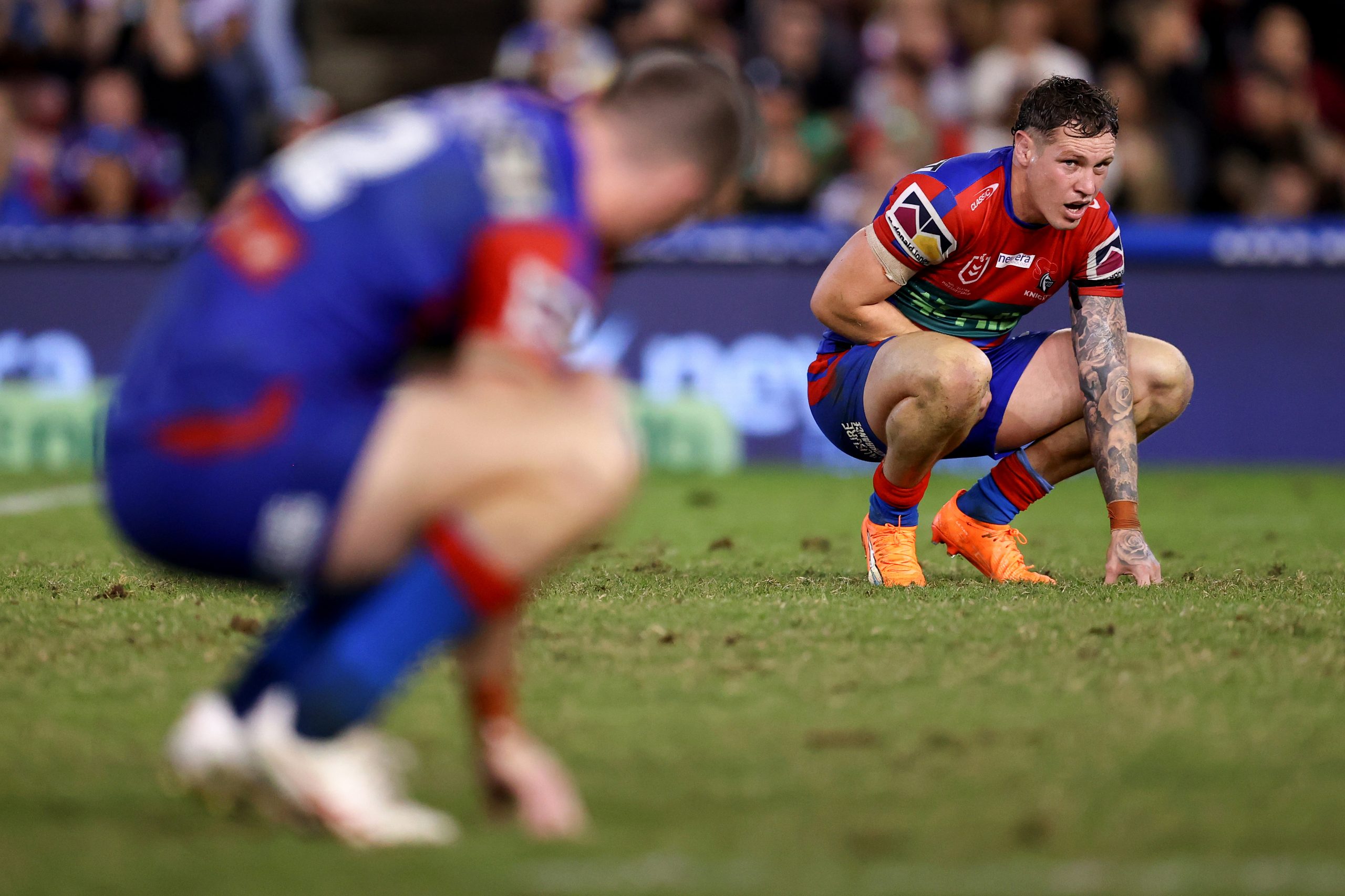 Kurt Mann of the Knights reacts at full time during the round seven NRL match between Newcastle Knights and Penrith Panthers at McDonald Jones Stadium on April 15, 2023 in Newcastle, Australia. (Photo by Brendon Thorne/Getty Images)