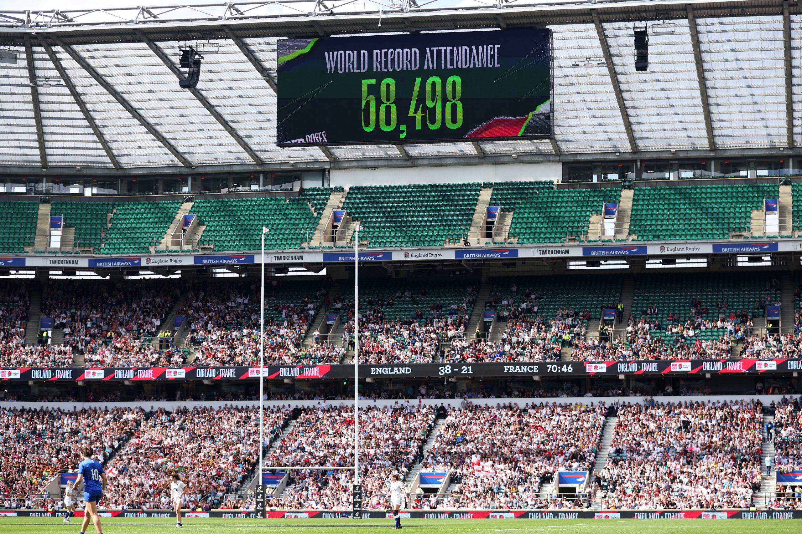 The LED screen displays the world record attendance at Twickenham.