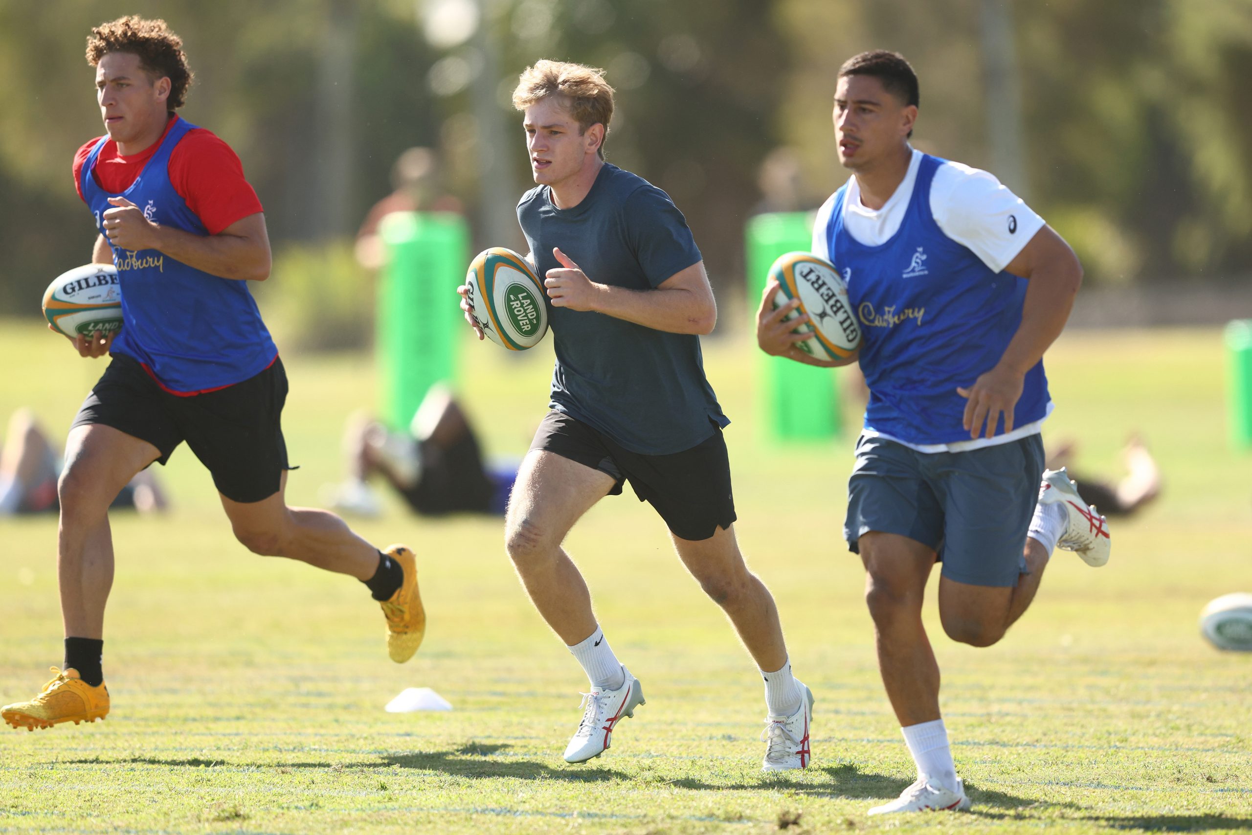 Mark Nawaqanitawase, Max Jorgensen and Lalakai Foketi during an Australia Wallabies training camp at Sanctuary Cove.