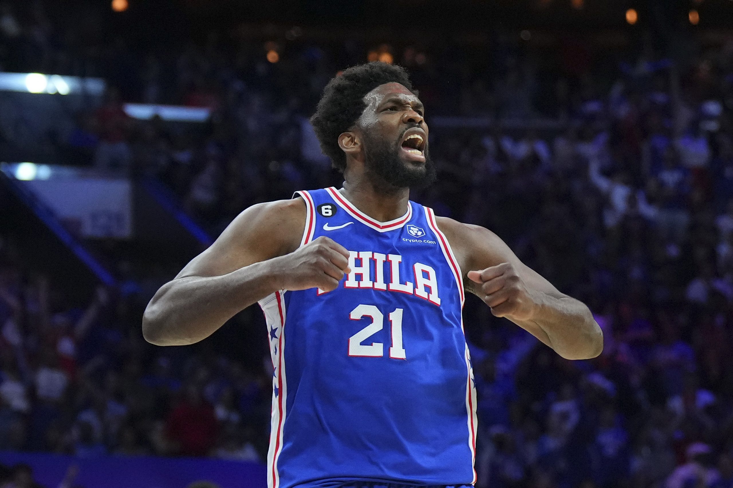 PHILADELPHIA, PA - APRIL 17: Joel Embiid #21 of the Philadelphia 76ers reacts against the Brooklyn Nets during Game Two of the Eastern Conference First Round Playoffs at the Wells Fargo Center on April 17, 2023 in Philadelphia, Pennsylvania. NOTE TO USER: User expressly acknowledges and agrees that, by downloading and or using this photograph, User is consenting to the terms and conditions of the Getty Images License Agreement. (Photo by Mitchell Leff/Getty Images)