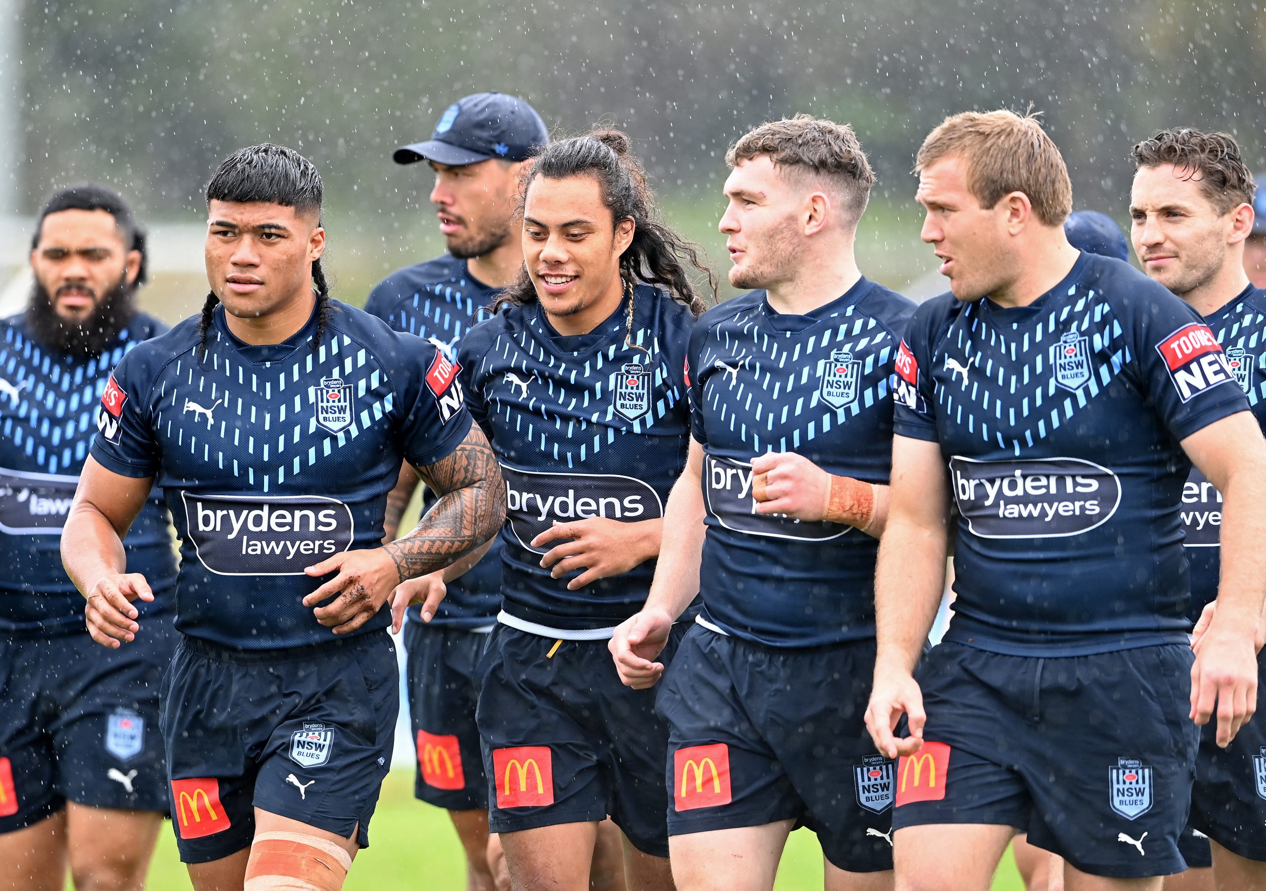Brian To'o, Jarome Luai, Liam Martin and Jake Trbojevic during a New South Wales Blues training session.