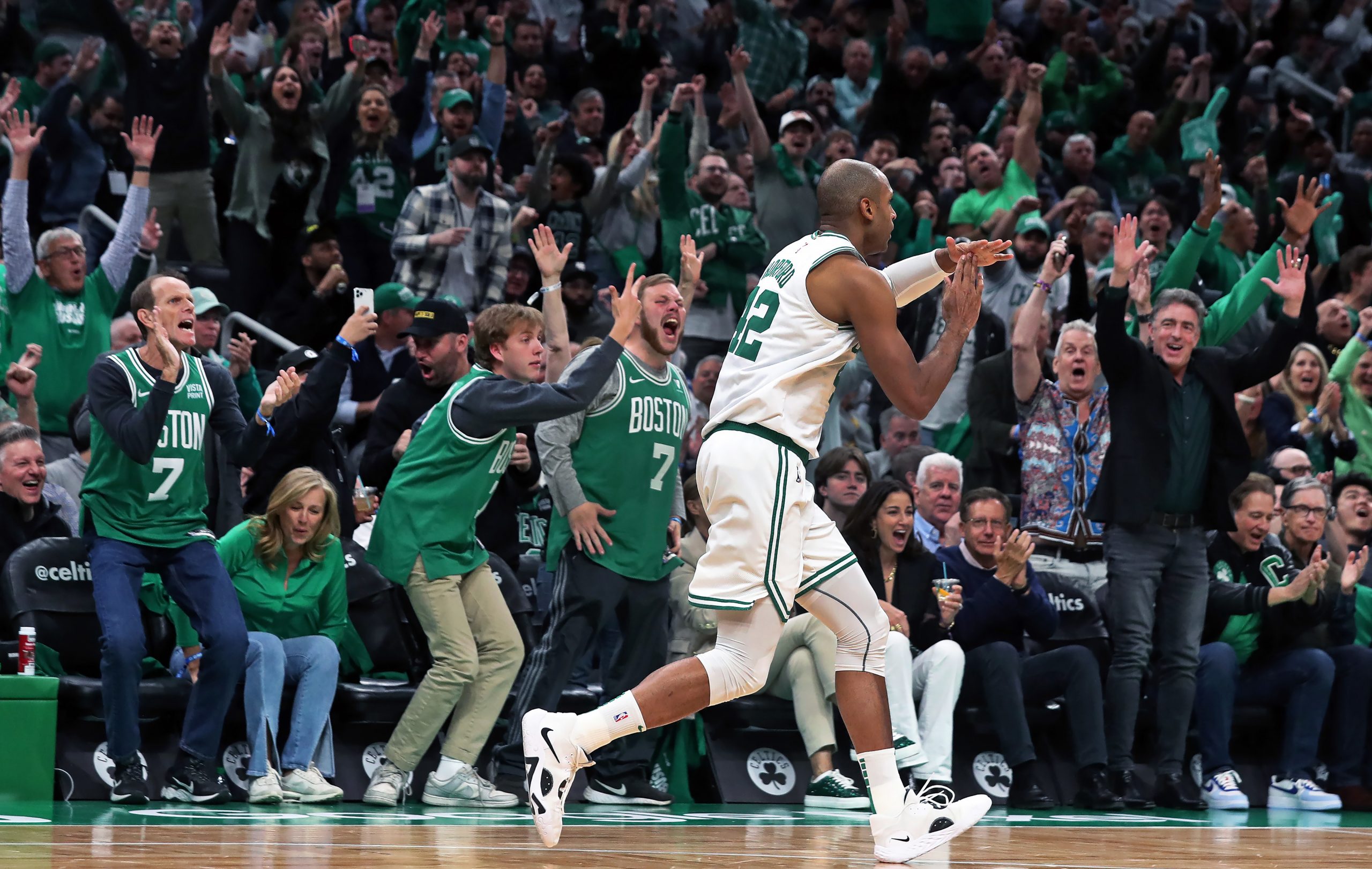 Boston, MA - May 17: Boston Celtics C Al Horford signals to the Miami Heat bench that they should call a timeout after he hit a 3-pointer in the second quarter. The Celtics lost to the Heat, 123-116, in Game 1 of the 2023 Eastern Conference Finals. (Photo by Jim Davis/The Boston Globe via Getty Images)