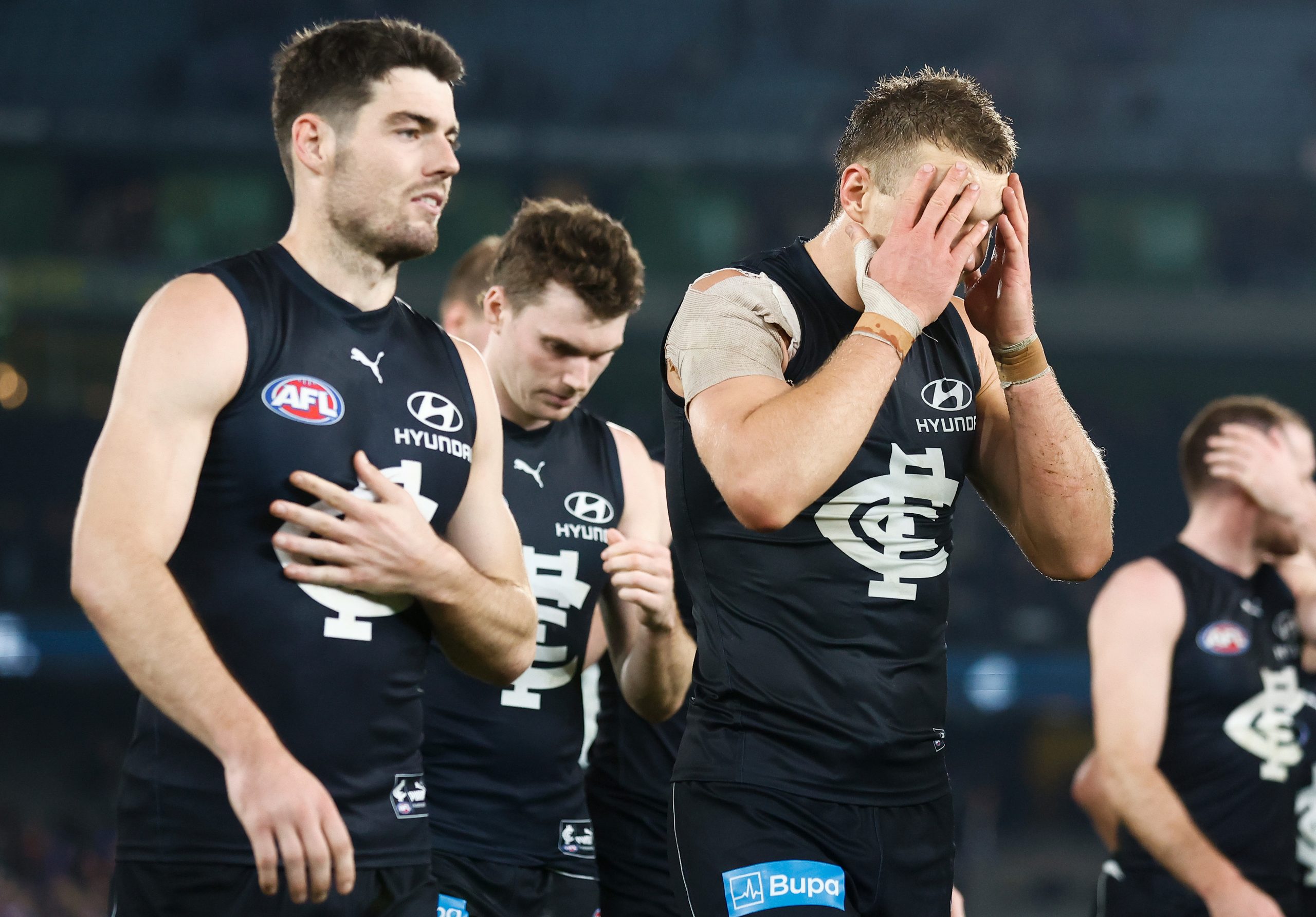 MELBOURNE, AUSTRALIA - MAY 13: Patrick Cripps of the Blues looks dejected after a loss during the 2023 AFL Round 09 match between the Carlton Blues and the Western Bulldogs at Marvel Stadium on May 13, 2023 in Melbourne, Australia. (Photo by Michael Willson/AFL Photos)
