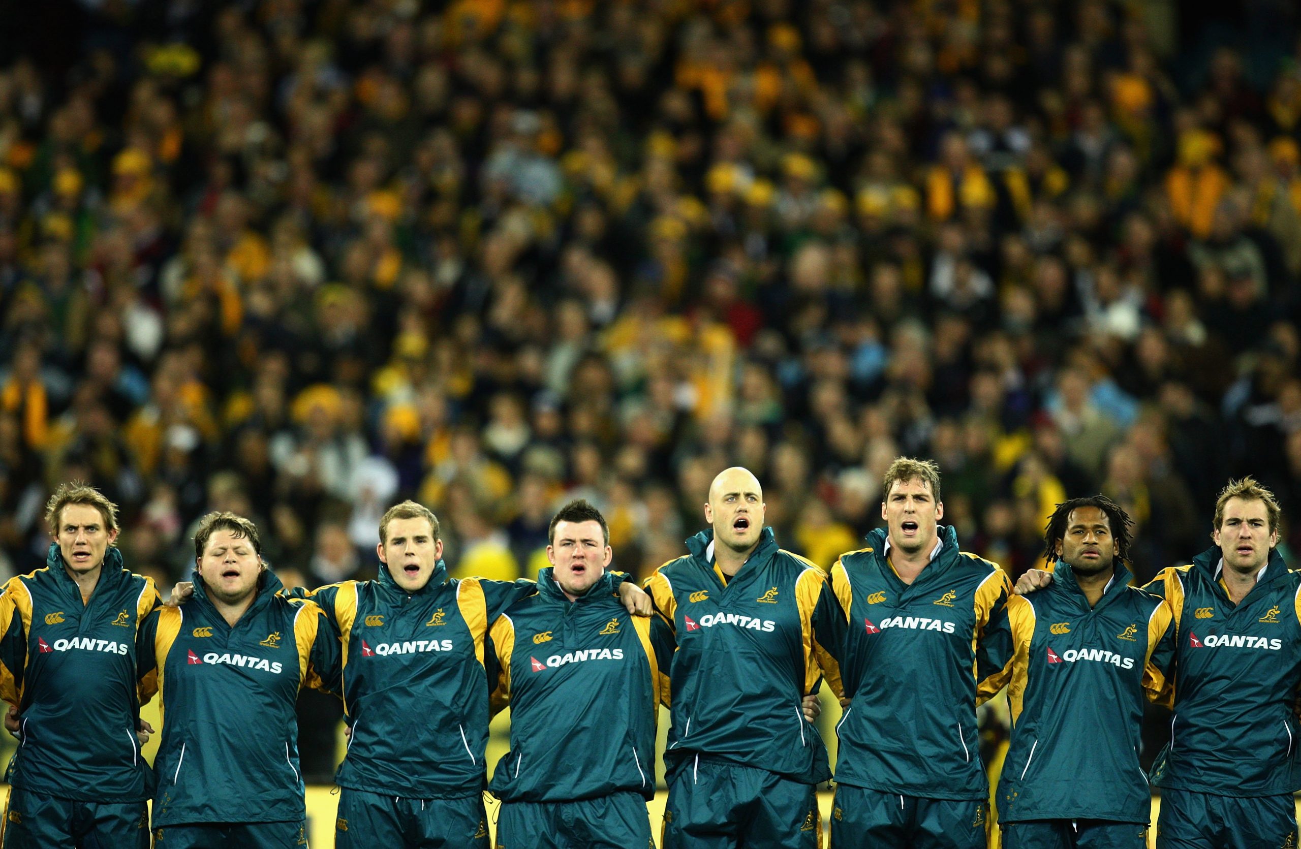 The Wallbabies sing the Australian national anthem prior to the 2007 Tri Nations match between Australia and New Zealand at the Melbourne Cricket Ground.