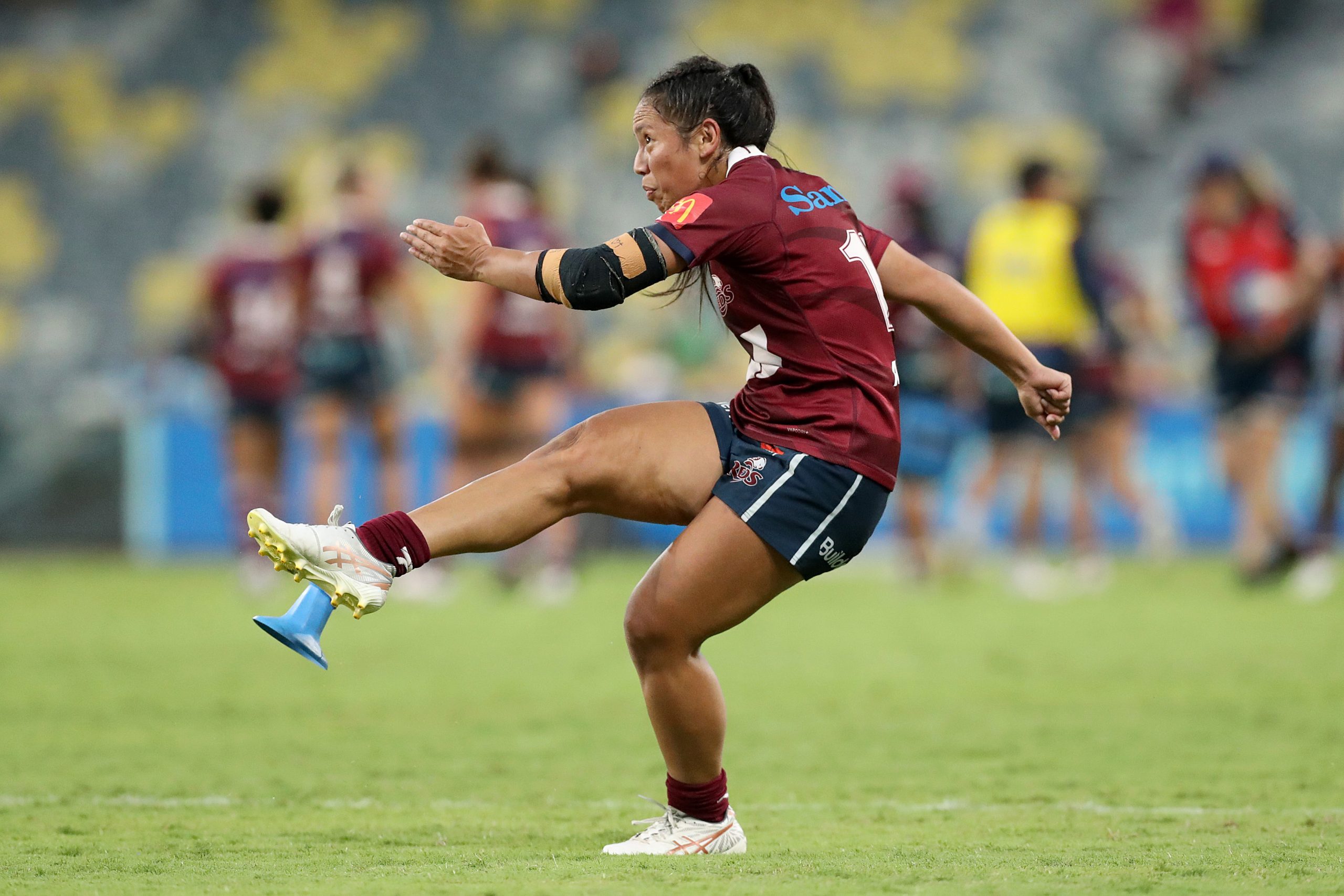 Cecilia Smith kicks a conversion during the Super W final match between the Queensland Reds and Fijiana Drua.