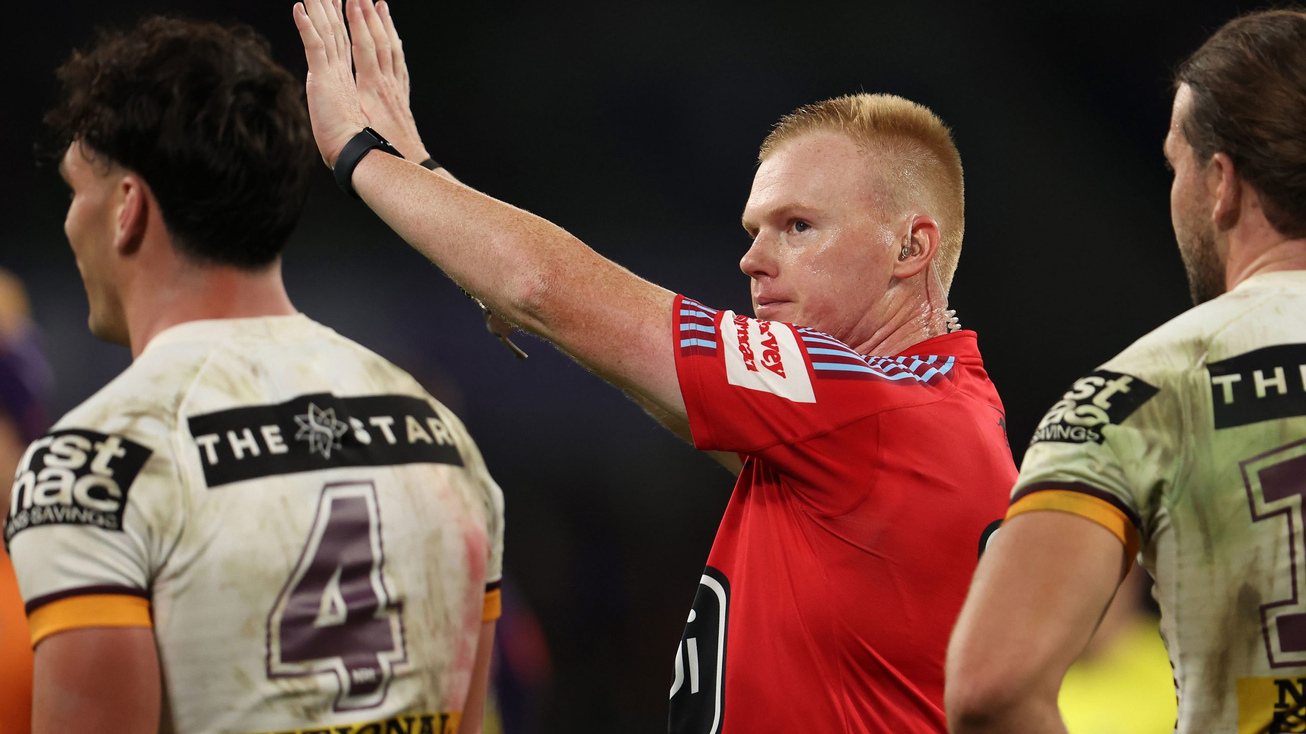 Referee Todd Smith sends Herbie Farnworth of the Broncos to the sin-bin during the Storm v Broncos clash.