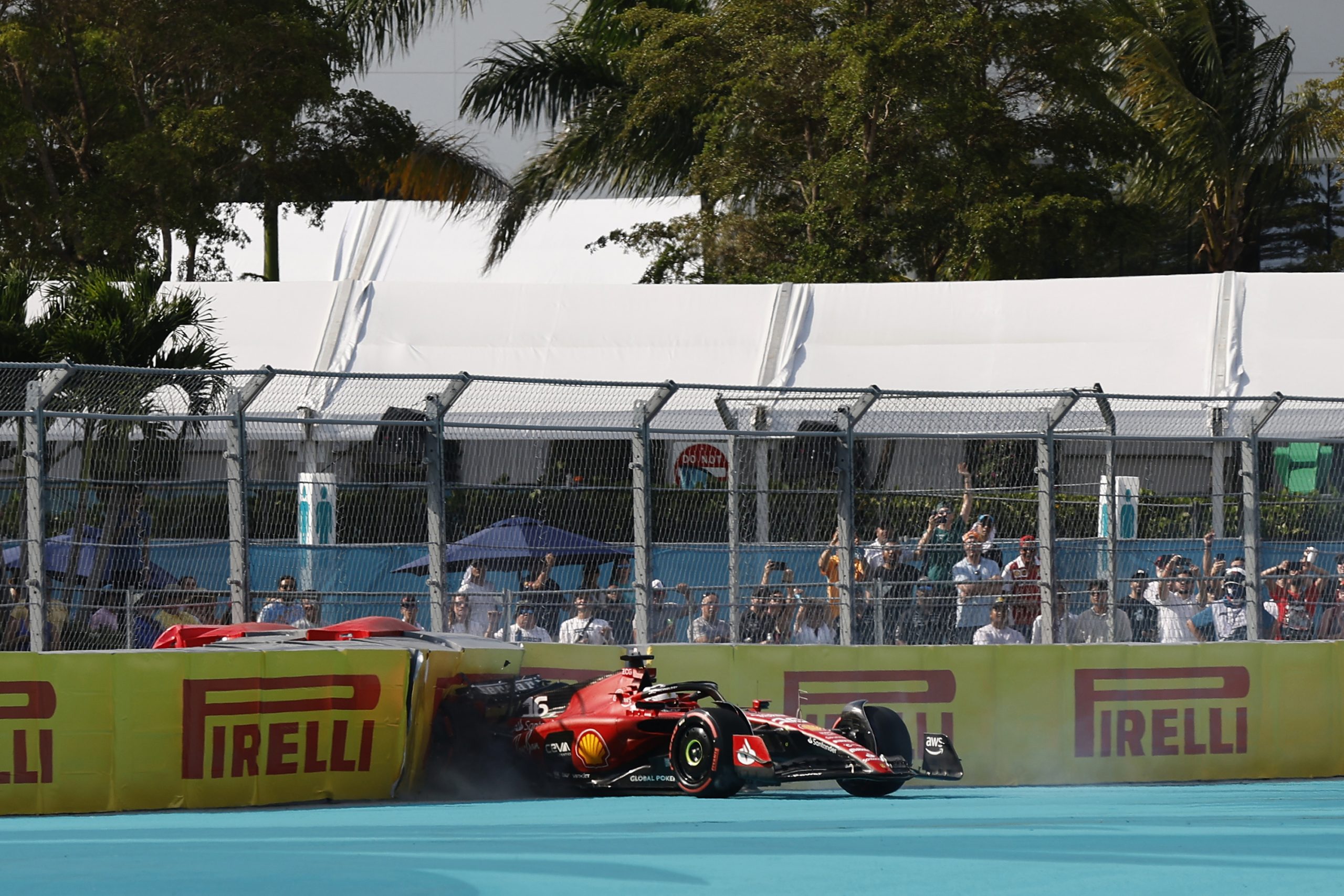 Charles Leclerc of Monaco driving the (16) Ferrari SF-23 crashes during qualifying ahead of the F1 Grand Prix of Miami at Miami International Autodrome on May 06, 2023 in Miami, Florida. (Photo by Jared C. Tilton/Getty Images)
