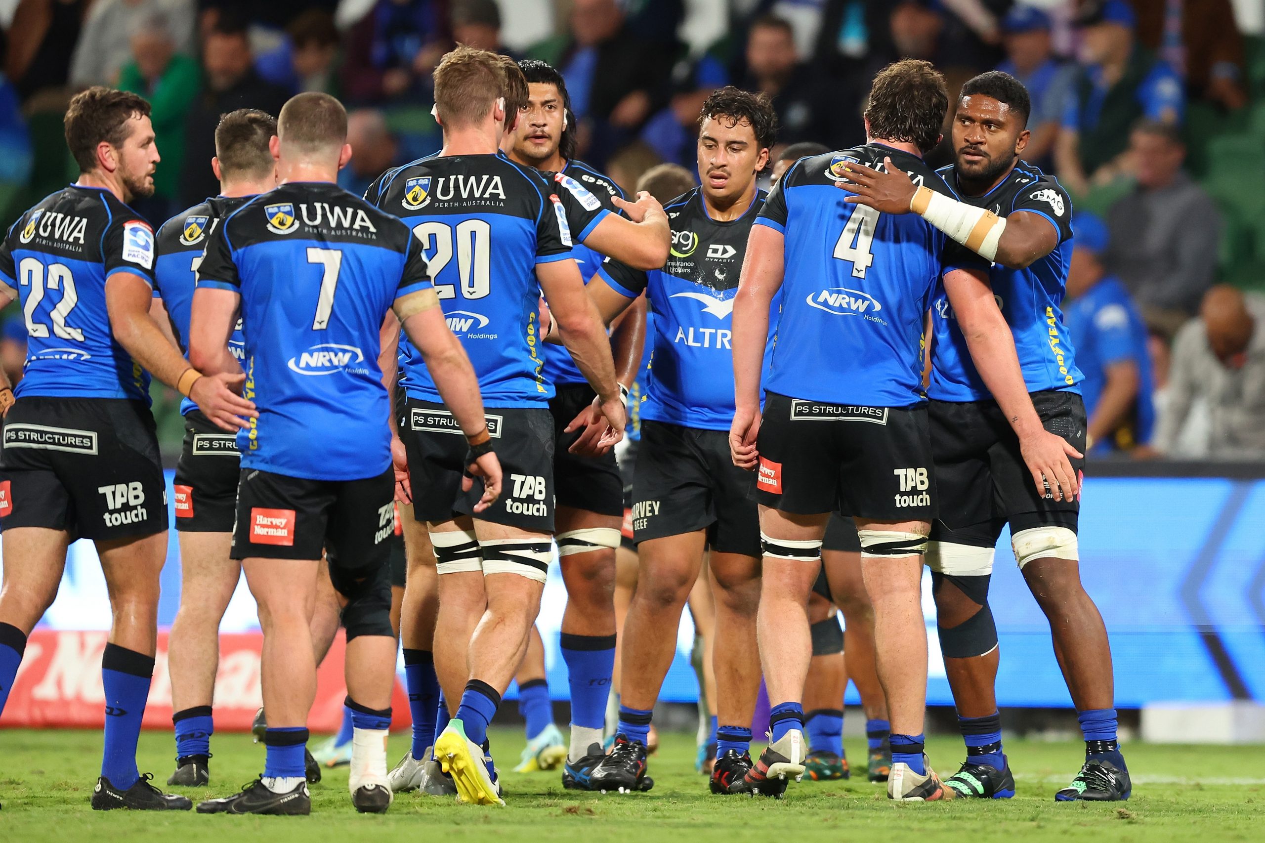 PERTH, AUSTRALIA - MAY 12: Western Force celebrate the win  during the round 12 Super Rugby Pacific match between Western Force and Fijian Drua at HBF Park, on May 12, 2023, in Perth, Australia. (Photo by James Worsfold/Getty Images)