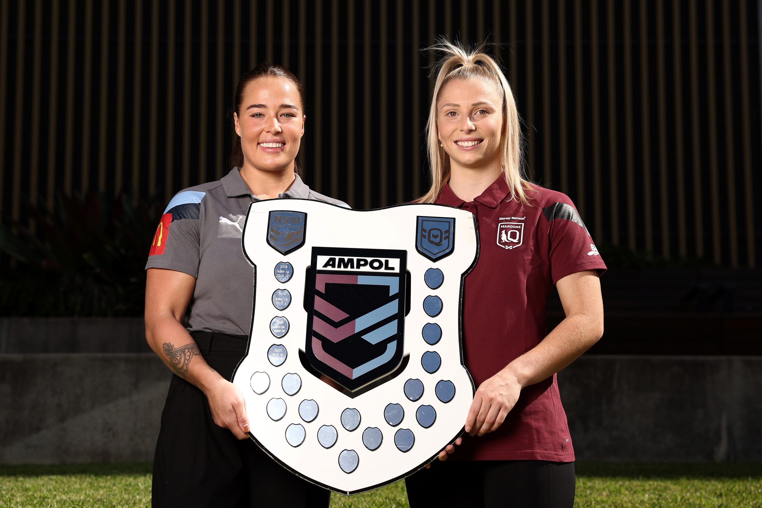 SYDNEY, AUSTRALIA - APRIL 27: Isabelle Kelly of New South Wales (L) and Tarryn Aiken of Queensland (R) pose during a Women's State of Origin Series Media Opportunity at CommBank Stadium on April 27, 2023 in Sydney, Australia. (Photo by Matt King/Getty Images)