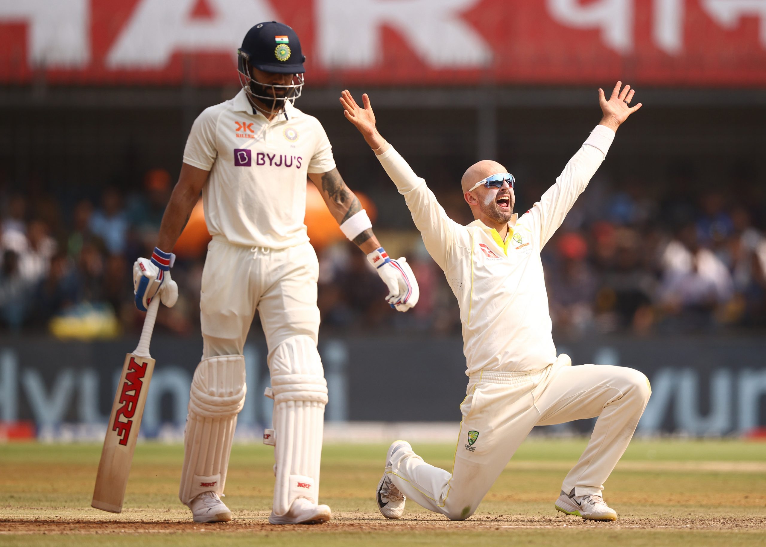 Nathan Lyon of Australia appeals unsuccessfully for the wicket of KS Bharat of India during day one of the Third Test match in the series between India and Australia at Holkare Cricket Stadium on March 01, 2023 in Indore, India. (Photo by Robert Cianflone/Getty Images)