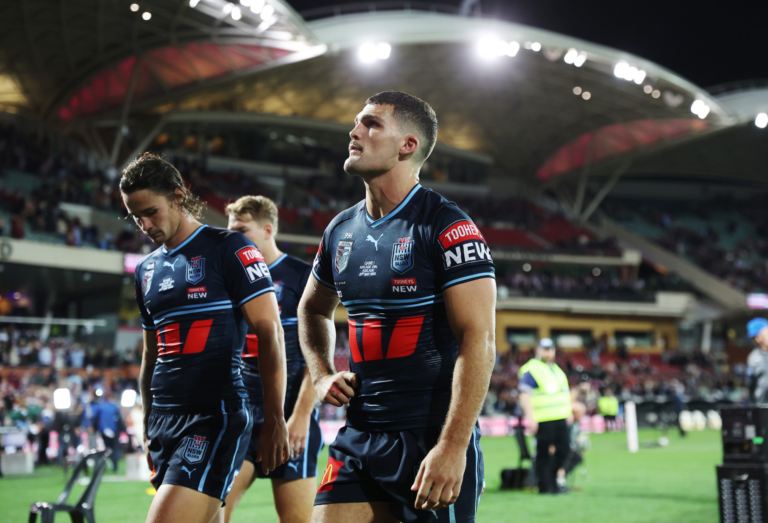 ADELAIDE, AUSTRALIA - MAY 31:  Nathan Cleary of the Blues looks dejected as he walks from the field after defeat during game one of the 2023 State of Origin series between the Queensland Maroons and New South Wales Blues at Adelaide Oval on May 31, 2023 in Adelaide, Australia. (Photo by Mark Kolbe/Getty Images)