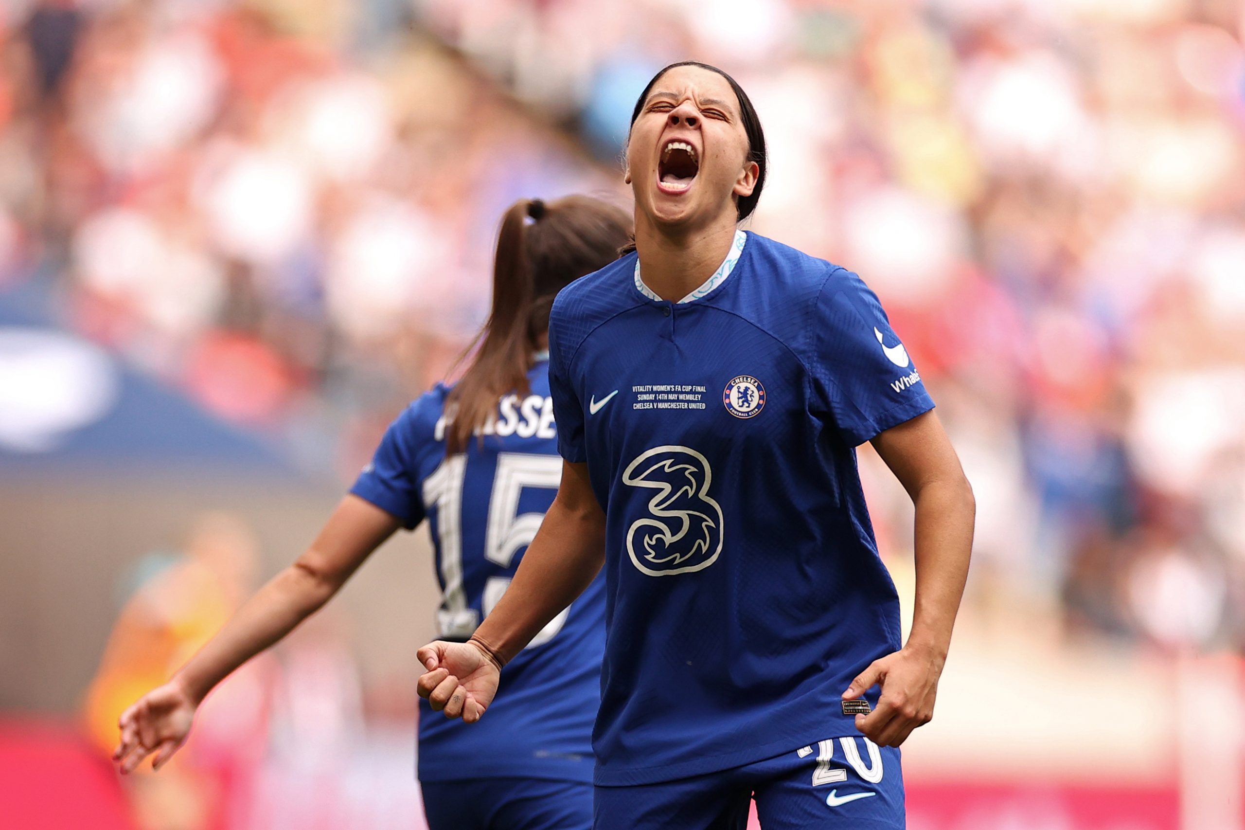 Sam Kerr of Chelsea celebrates after scoring the team's only goal during the FA Cup final.
