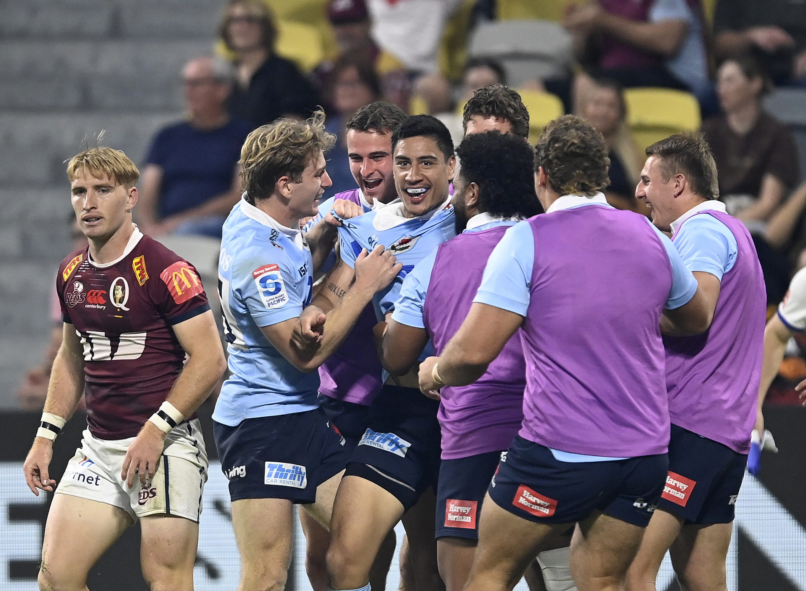 TOWNSVILLE, AUSTRALIA - MAY 06: Lalakai Foketi of the Waratahs celebrates after scoring a try during the round 11 Super Rugby Pacific match between Queensland Reds and NSW Waratahs at Queensland Country Bank Stadium, on May 06, 2023, in Townsville, Australia. (Photo by Ian Hitchcock/Getty Images)