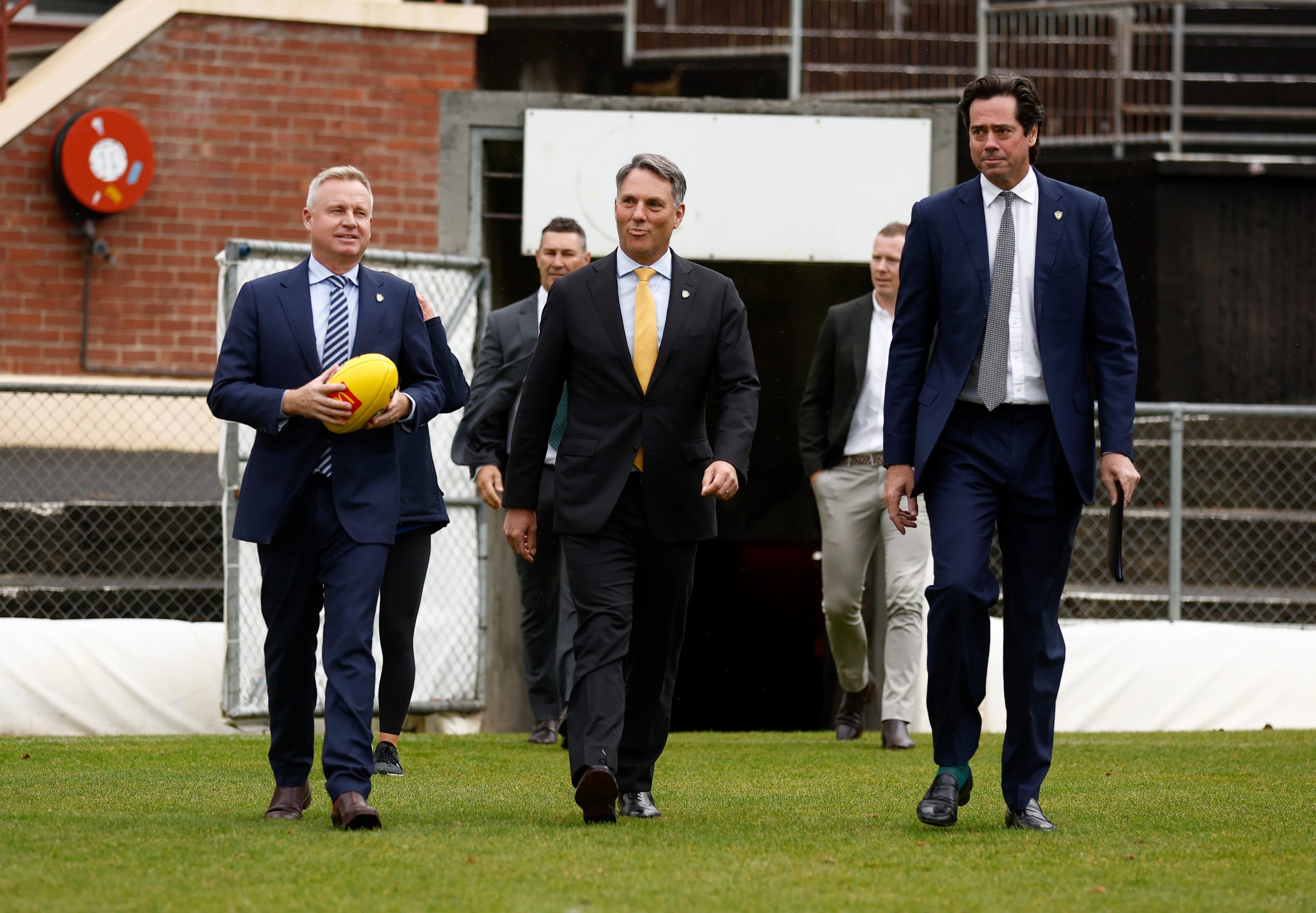 HOBART, AUSTRALIA - MAY 03: (L-R) Tasmanian Premier Jeremy Rockliff, Acting PM Richard Marles and Gillon McLachlan, Chief Executive Officer of the AFL are seen during the AFL Tasmanian Team Announcement at North Hobart Oval on May 03, 2023 in Hobart, Australia. (Photo by Michael Willson/AFL Photos)