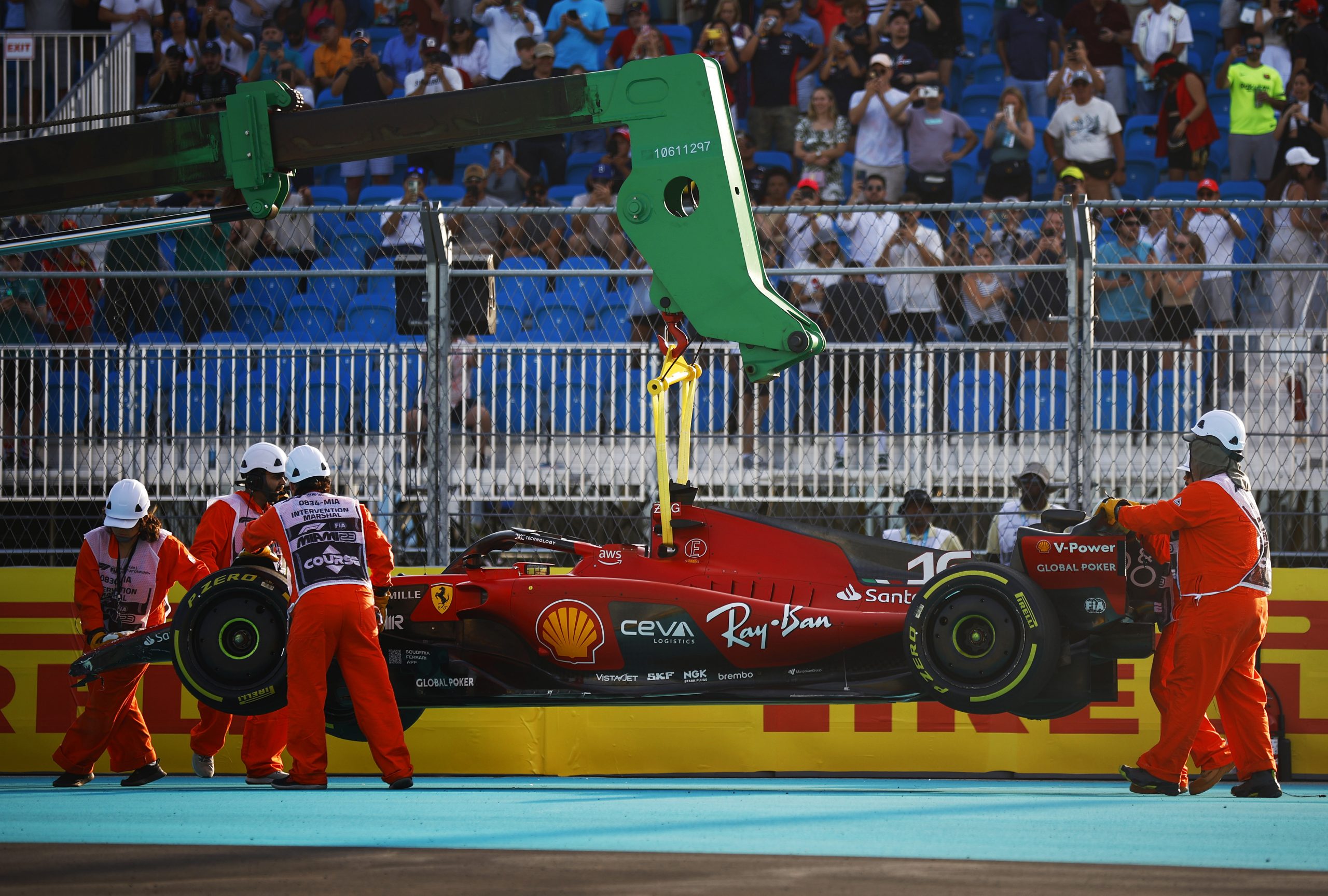 The car of Charles Leclerc of Monaco and Ferrari is recovered from the circuit after a crash during practice ahead of the F1 Grand Prix of Miami at Miami International Autodrome on May 05, 2023 in Miami, Florida. (Photo by Jared C. Tilton/Getty Images)