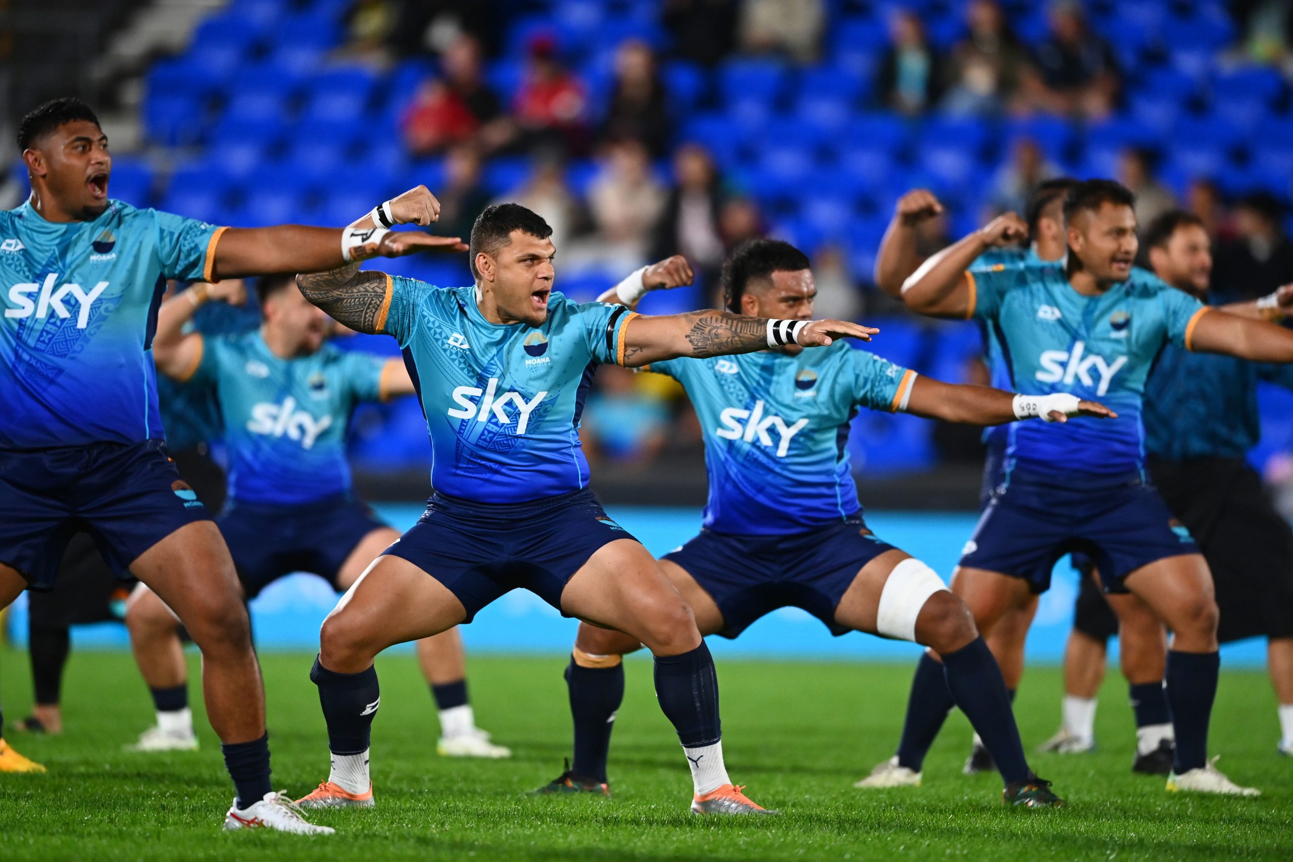 Levi Aumua of Moana Pasifika performs the Fa'avae.