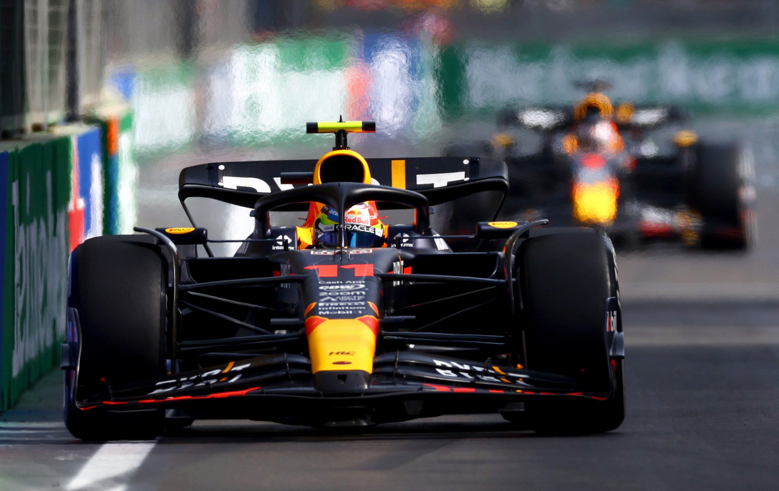 Sergio Perez of Mexico driving the (11) Oracle Red Bull Racing RB19 on track during the F1 Grand Prix of Azerbaijan at Baku City Circuit on April 30, 2023 in Baku, Azerbaijan. (Photo by Mark Thompson/Getty Images)