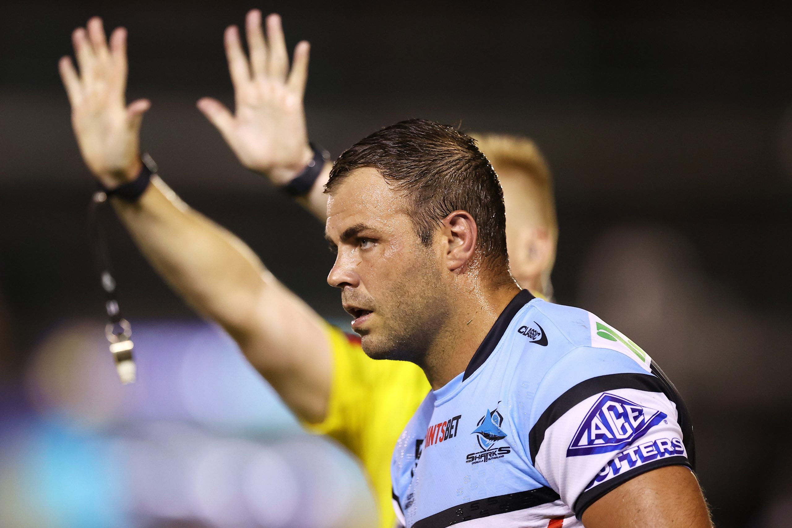 Wade Graham of the Sharks looks dejected after being sent off for ten minutes during the round one NRL match between Cronulla Sharks and South Sydney Rabbitohs at BlueBet Stadium on March 04, 2023 in Cronulla, Australia. (Photo by Mark Kolbe/Getty Images)