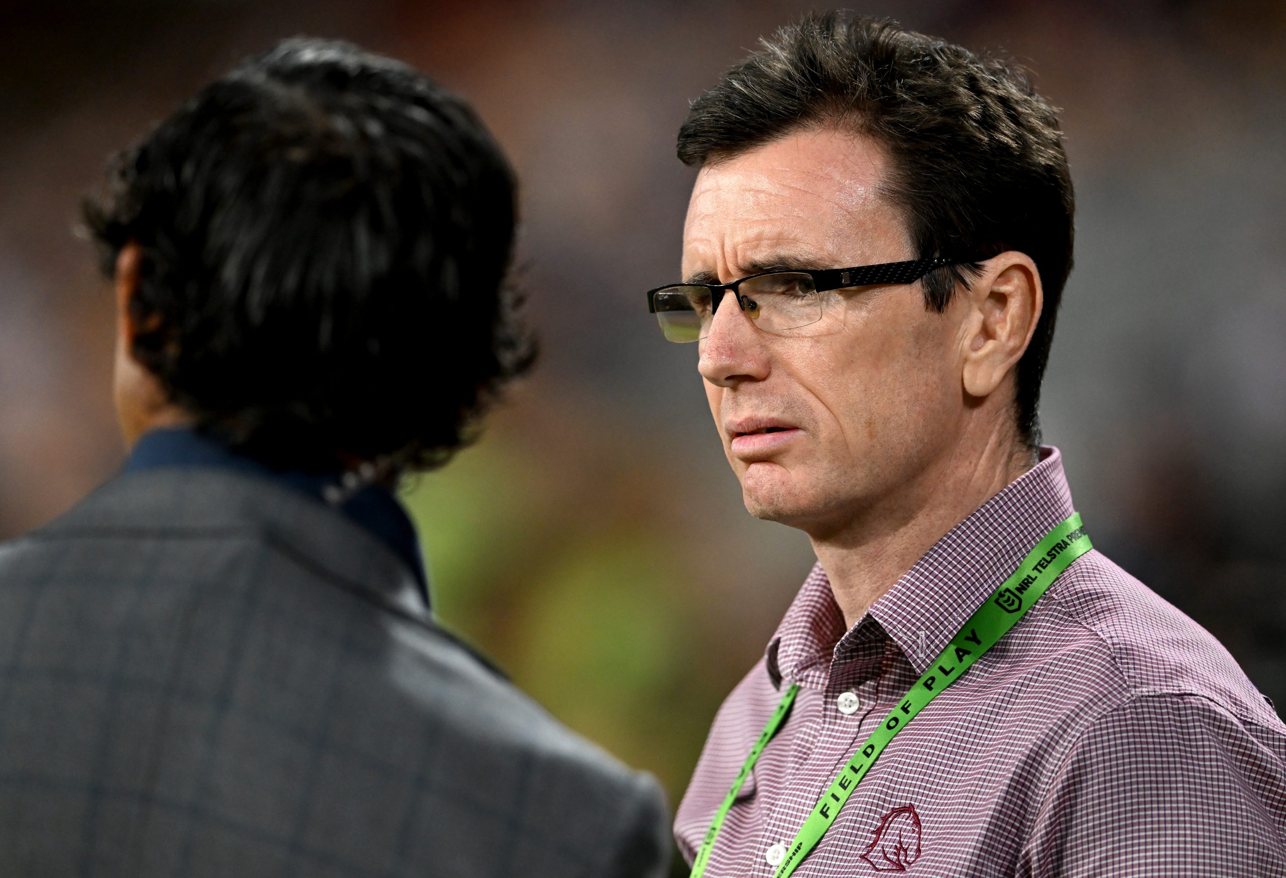 Broncos Manager of Football Ben Ikin is seen chatting with Johnathan Thurston during the round seven NRL match between the Brisbane Broncos and the Canterbury Bulldogs at Suncorp Stadium, on April 22, 2022, in Brisbane, Australia. (Photo by Bradley Kanaris/Getty Images)