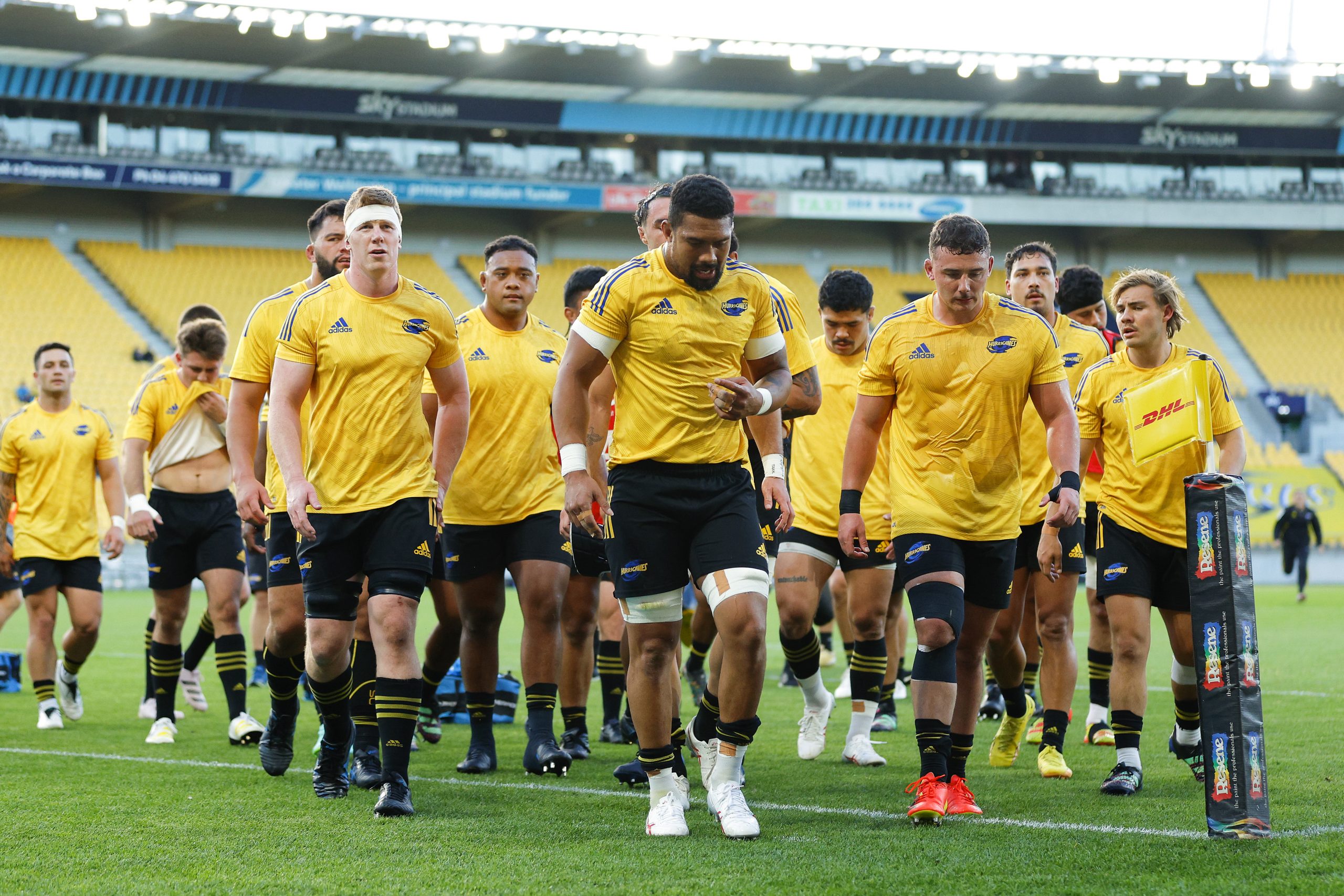 Captain Ardie Savea leads his team off the field during the round 12 Super Rugby Pacific match between Hurricanes and Moana Pasifika.