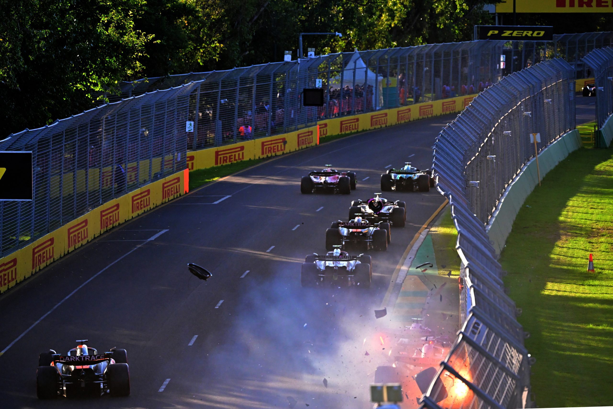 A rear view of the second restart showing Pierre Gasly of France driving the (10) Alpine F1 A523 Renault and Esteban Ocon of France driving the (31) Alpine F1 A523 Renault collide (bottom) during the F1 Grand Prix of Australia at Albert Park Grand Prix Circuit on April 02, 2023 in Melbourne, Australia. (Photo by Peter van Egmond/Getty Images)
