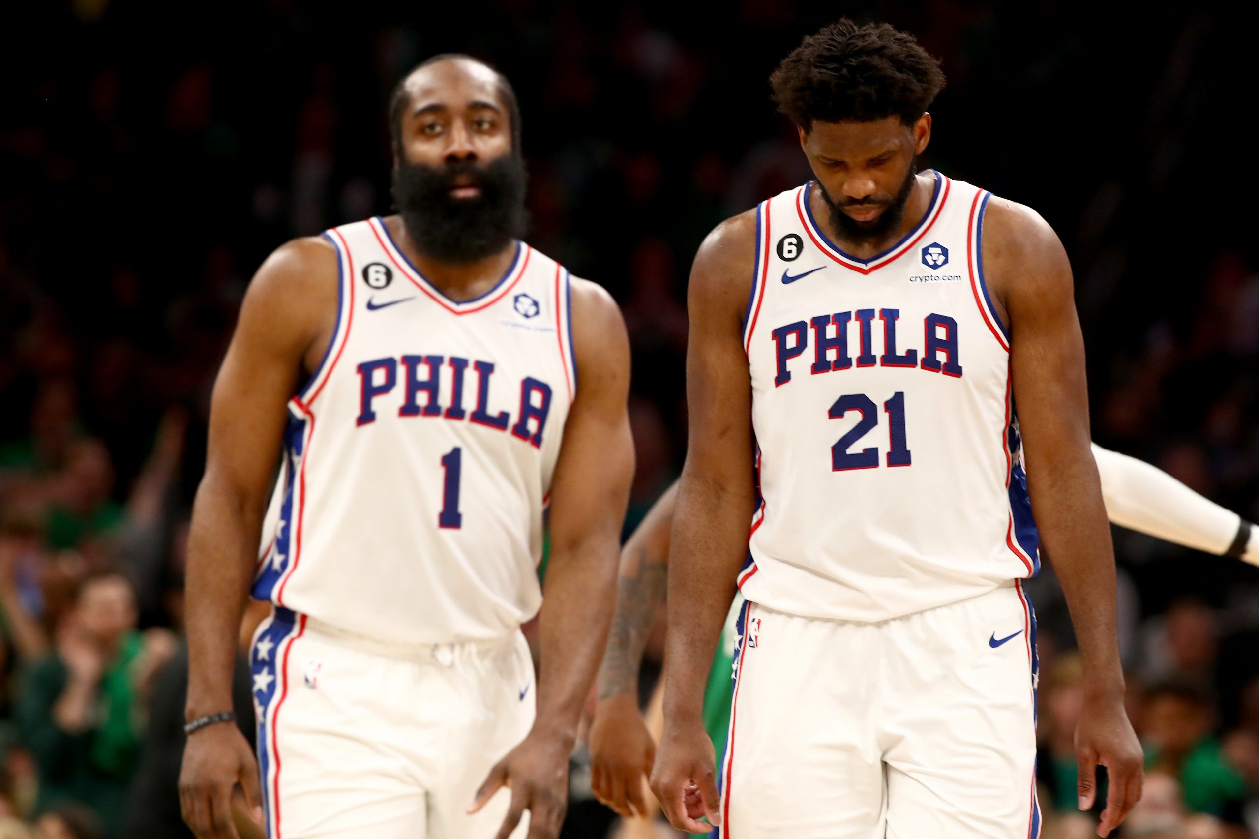 BOSTON, MASSACHUSETTS - MAY 14: James Harden #1 and Joel Embiid #21 of the Philadelphia 76ers reacts against the Boston Celtics during the third quarter in game seven of the 2023 NBA Playoffs Eastern Conference Semifinals at TD Garden on May 14, 2023 in Boston, Massachusetts. NOTE TO USER: User expressly acknowledges and agrees that, by downloading and or using this photograph, User is consenting to the terms and conditions of the Getty Images License Agreement. (Photo by Adam Glanzman/Getty Ima