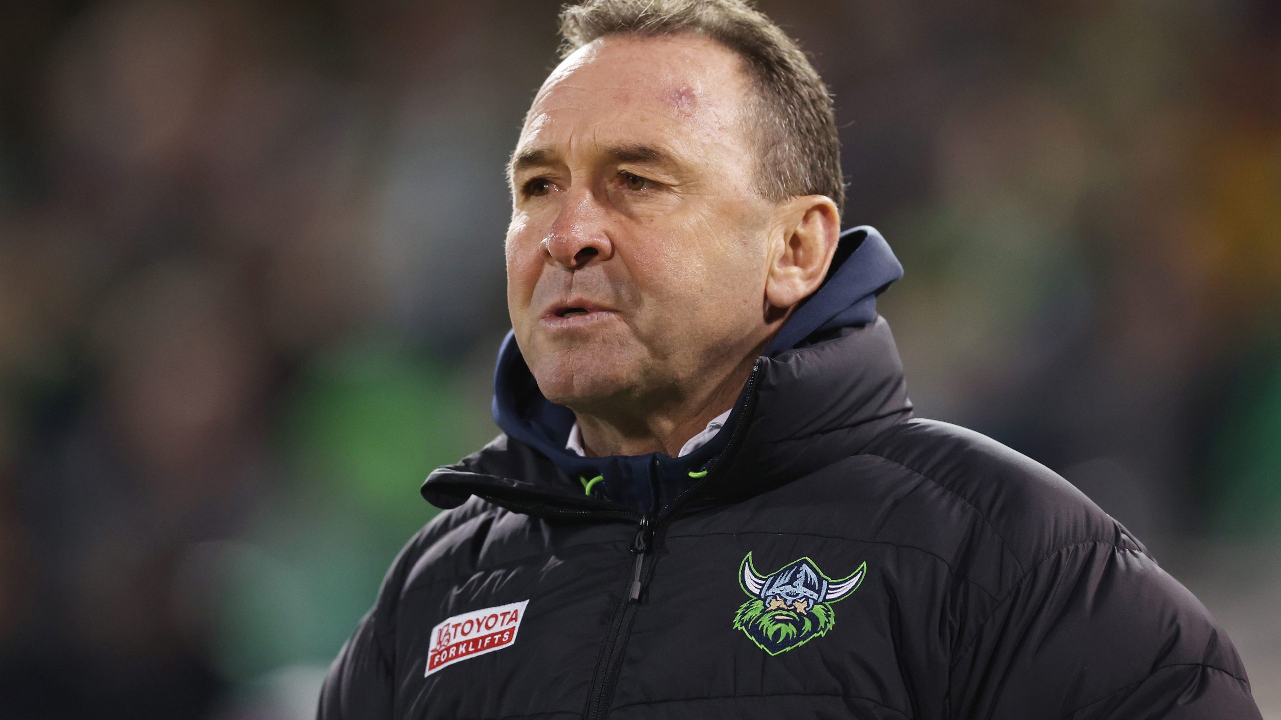 Raiders head coach Ricky Stuart watches his team play in their bad round 12 loss against Manly. 