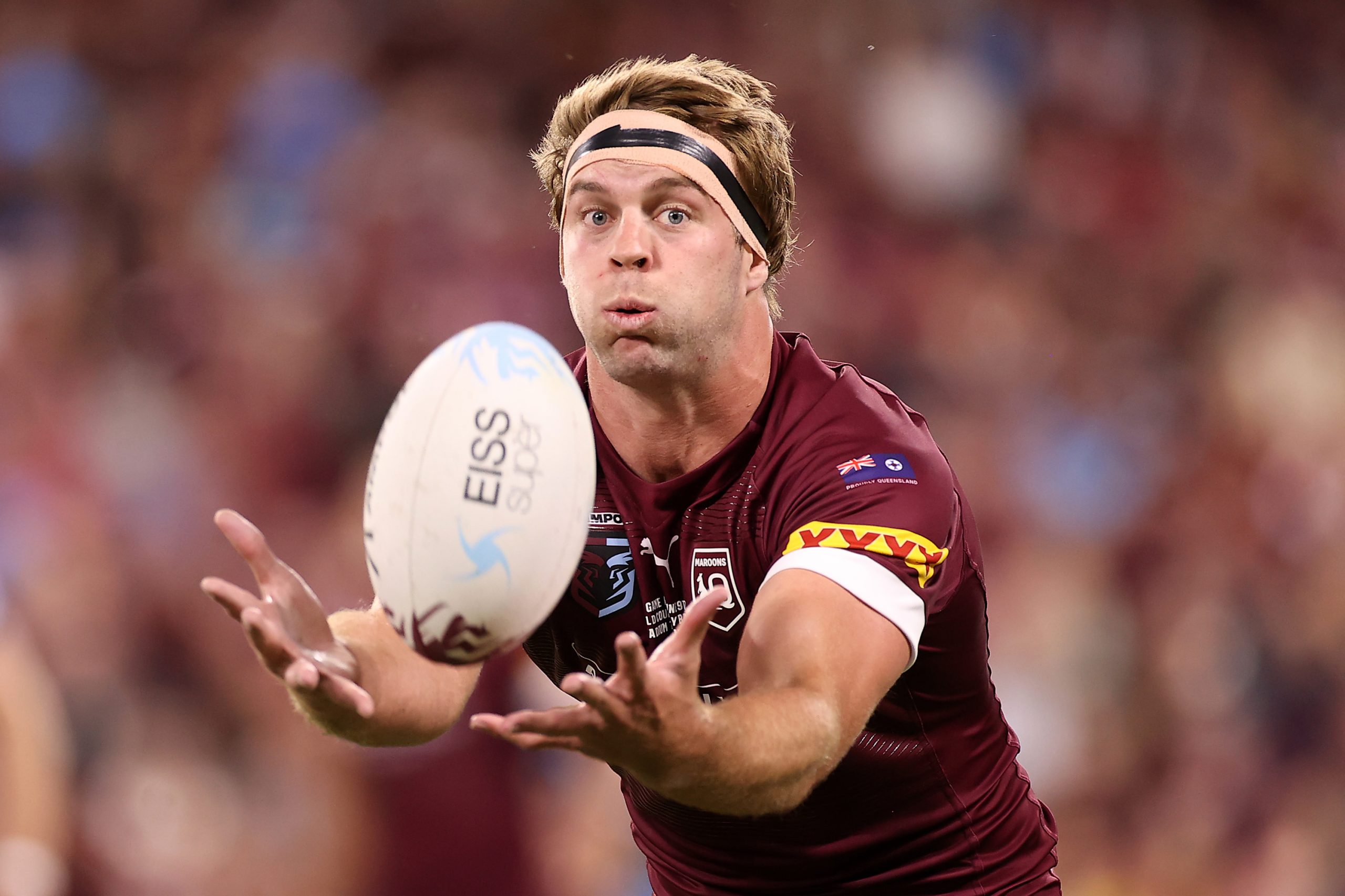 Christian Welch of the Maroons catches the ball during game one of the 2021 State of Origin series.