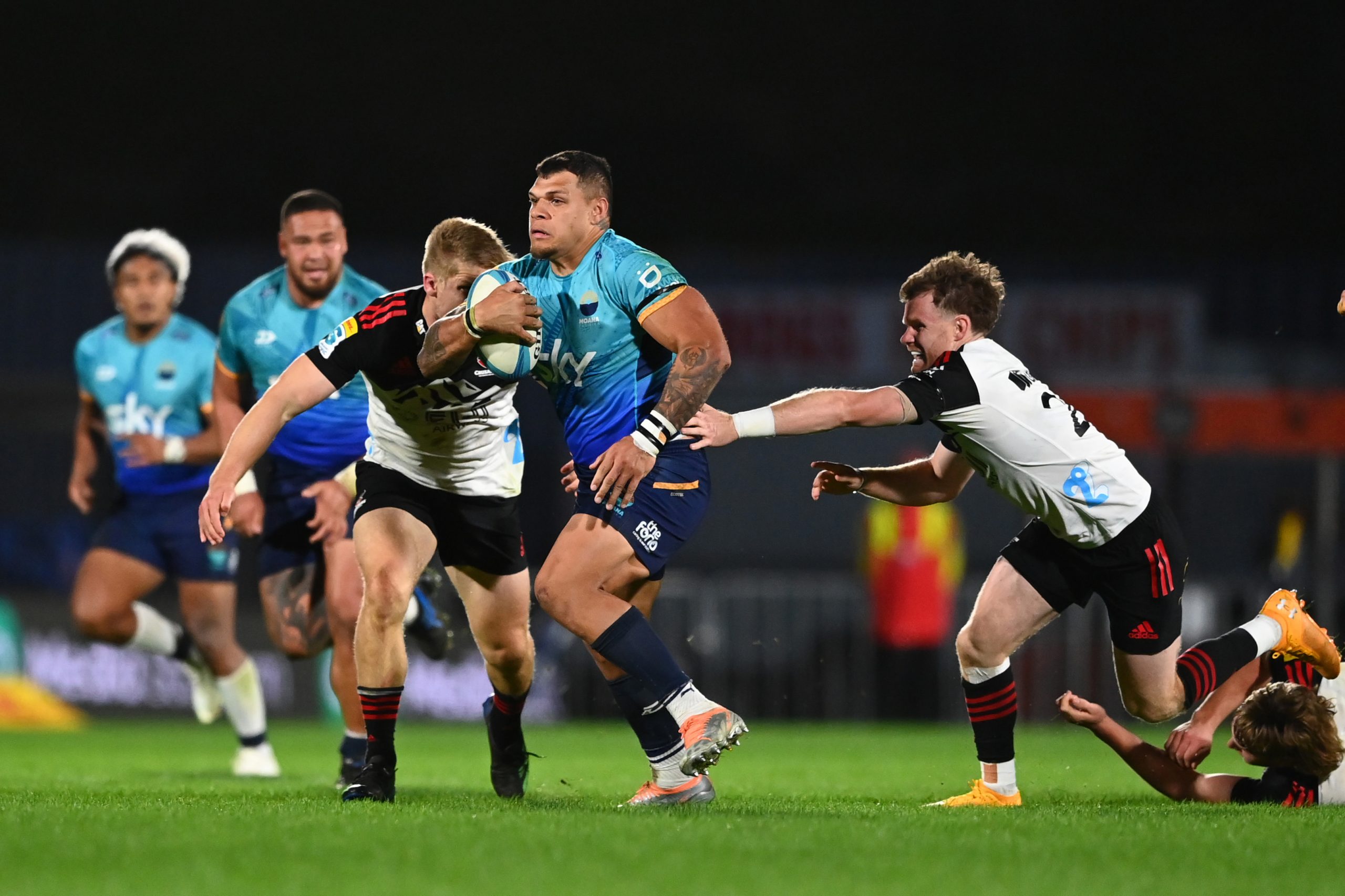 Levi Aumua makes a break during the round 13 Super Rugby Pacific match between Moana Pasifika and Crusaders at Mt Smart Stadium.