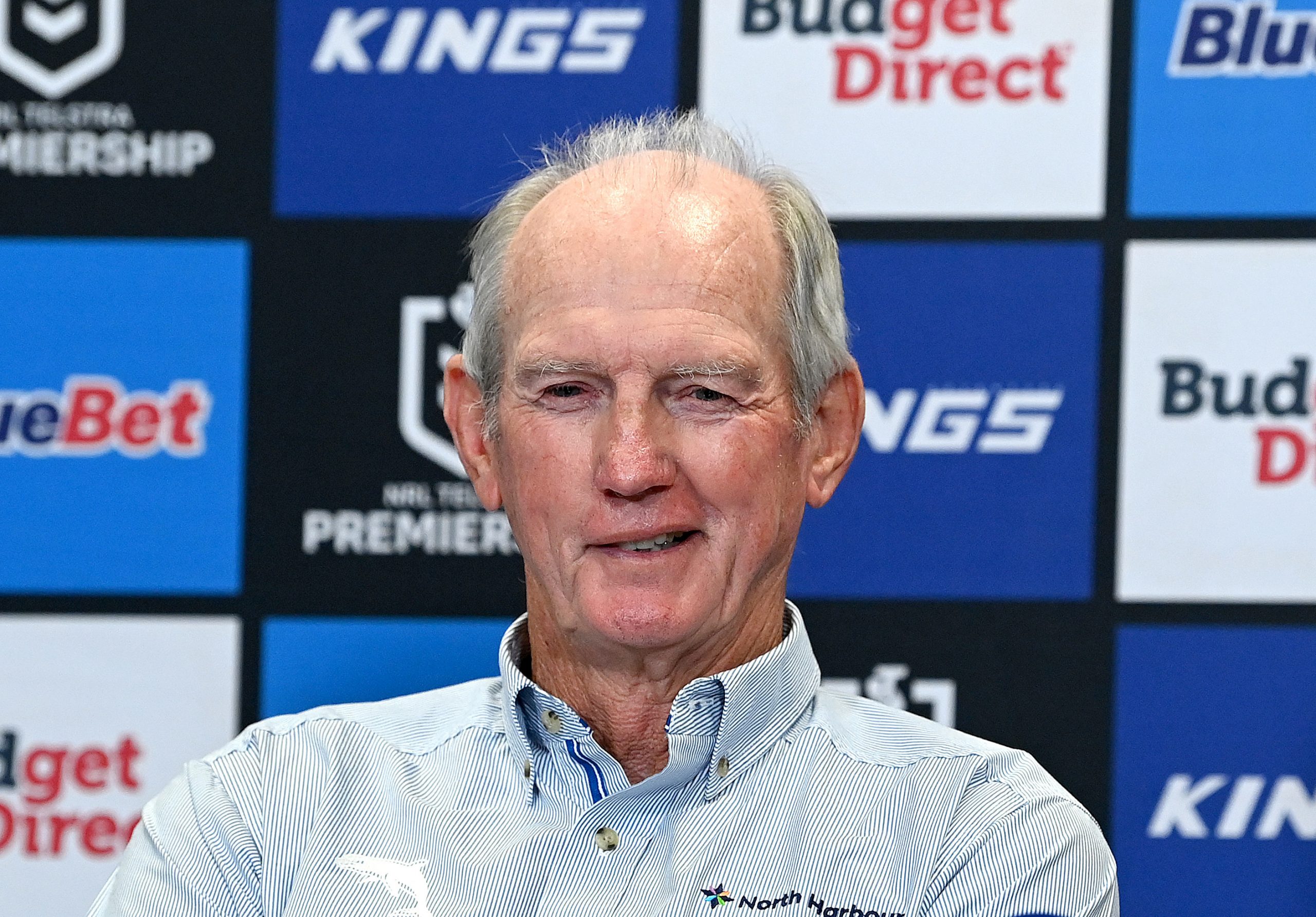 BRISBANE, AUSTRALIA - APRIL 23: Coach Wayne Bennett of the Dolphins gives a smile at a post match press conference after the round eight NRL match between the Dolphins and Gold Coast Titans at Suncorp Stadium on April 23, 2023 in Brisbane, Australia. (Photo by Bradley Kanaris/Getty Images)